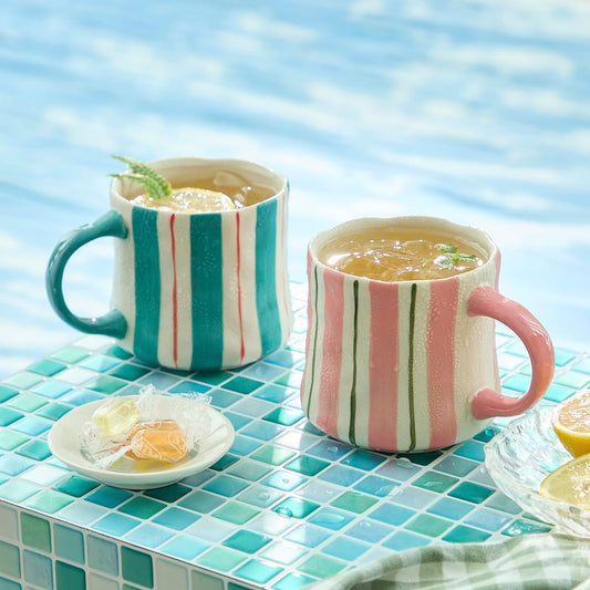Striped Ceramic Coffee Mugs Set - 2 Pack, Pink & Green，Perfect for Morning Brew or Tea and Cocoa - for Coffee Lovers