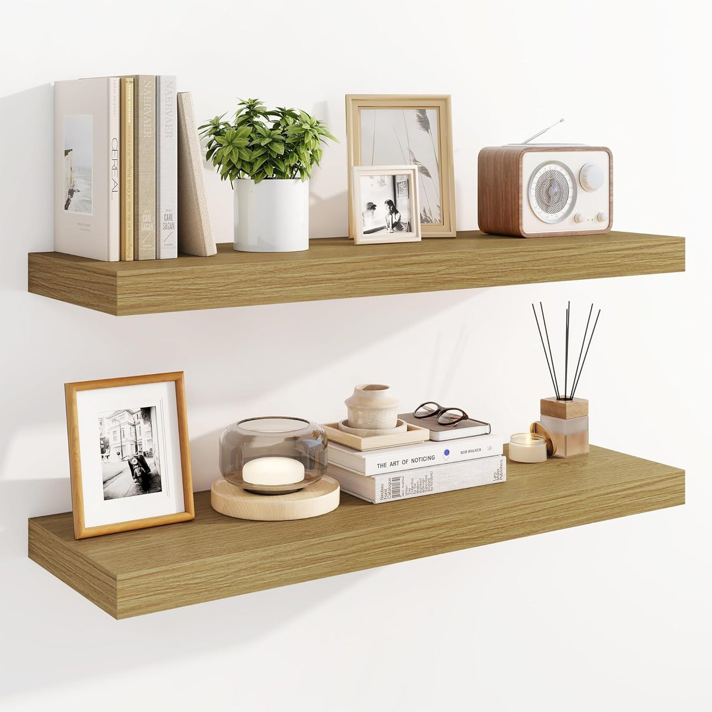 Marsmiles 31.5" Floating Shelves for Wall, Wooden Shelves with Invisible Brackets Set of 2, Rustic Farmhouse Wall Mounted Shelf for Kitchen Bathroom Living Room Study, Natural Oak