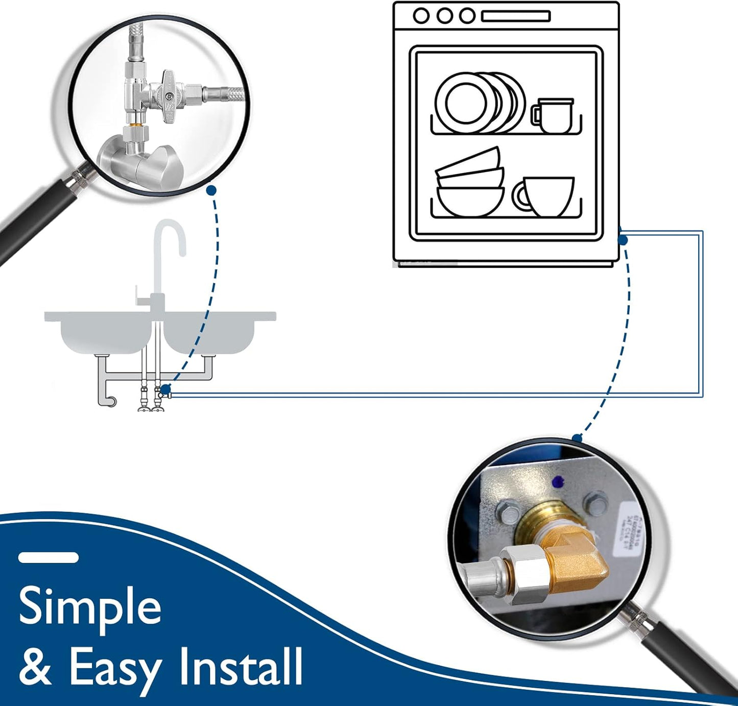Dishwasher Installation Kit - 10 FT Stainless Steel Braided Dishwasher Hose kit,Food Grade PEX Inner Tube Water Line with 3/8"x 3/8"x 3/8" Tee Stop Valve,3/8"x 3/8"MIP Elbow,3/8"x 3/4"FHT Elbow