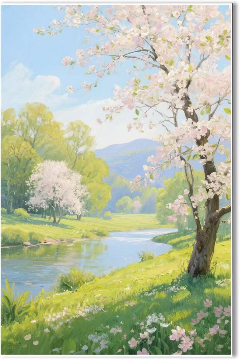 The scenery of a stream between trees and cherry blossoms under the blue sky is suitable for posting in the living room bedroom office landscape posters