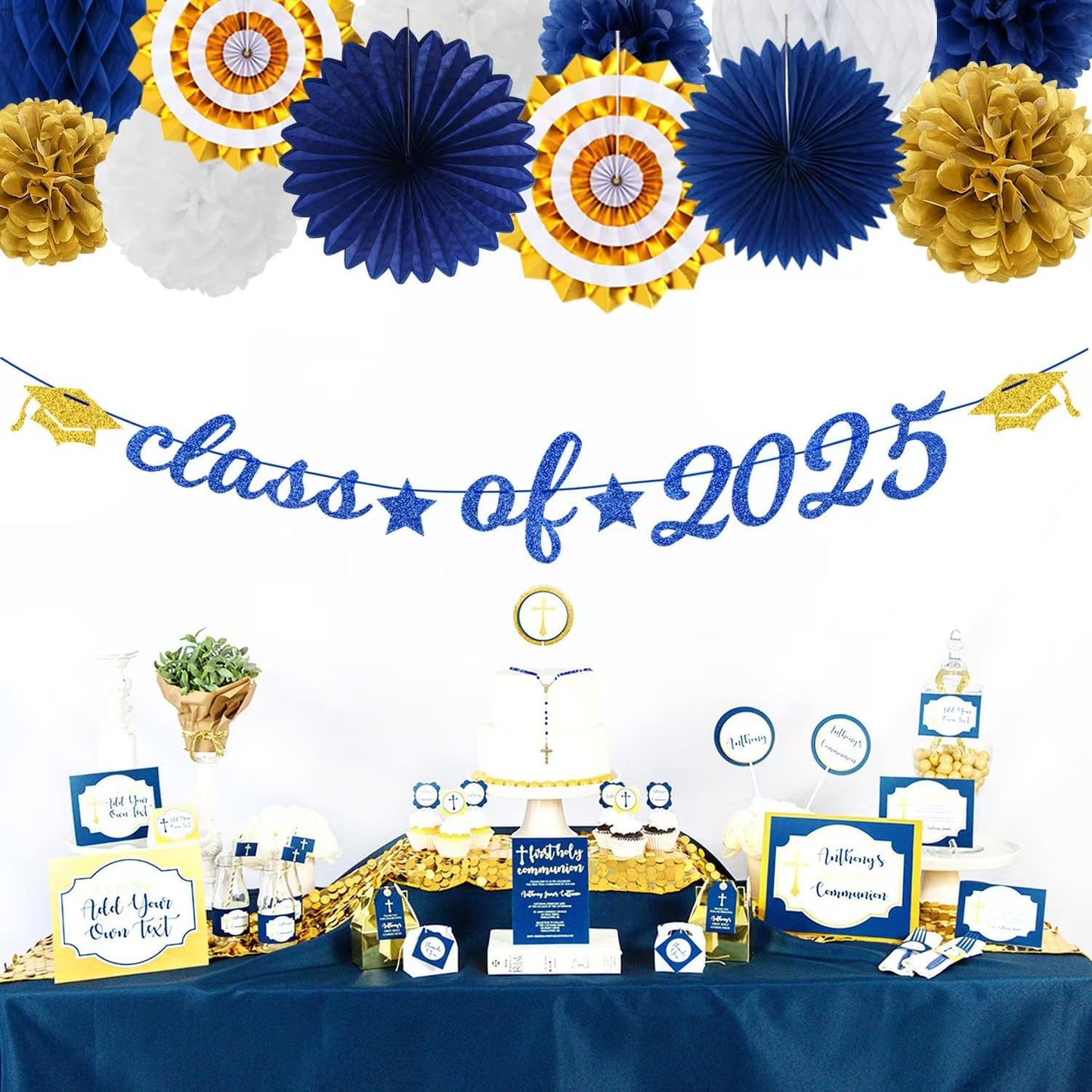 Navy-Blue Gold-White Party-Decoration Graduation Banner - 14pcs Kits Cap Garland Streamers, Royal Paper Tissue Pom Poms Flowers Fans Honeycomb,Class Of 2025 College High School Grad Decor Hugfond
