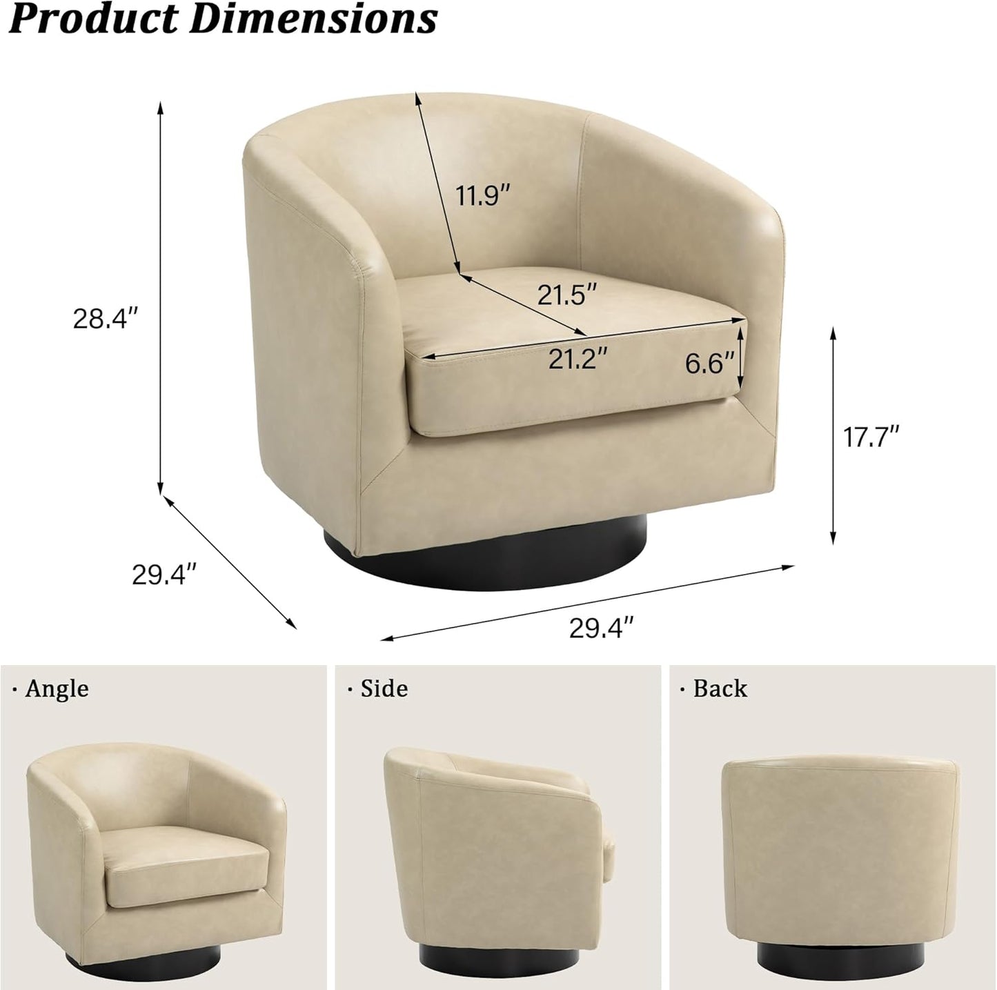 Swivel Barrel Accent Chair, Modern Round Faux Leather Arm Chair for Living Room, Bedroom, Comfy Club Reading Chairs for Adults(Faux Leather, Cream, Set of 2)