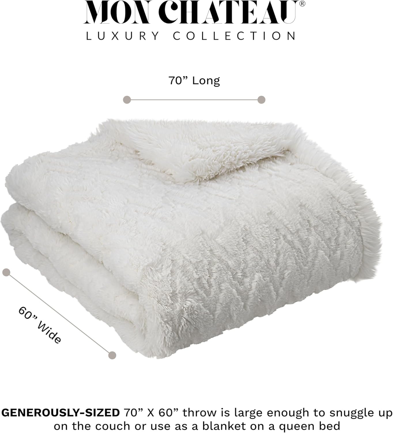 Mon Chateau Premium Reversible Queen Size Luxury Faux Fur Throw for Couch, Sofa, or Queen Size Bed - Plush Cozy Soft Blanket for Sleeping or Home Décor, 60" x 70" (Ivory Jacquard)
