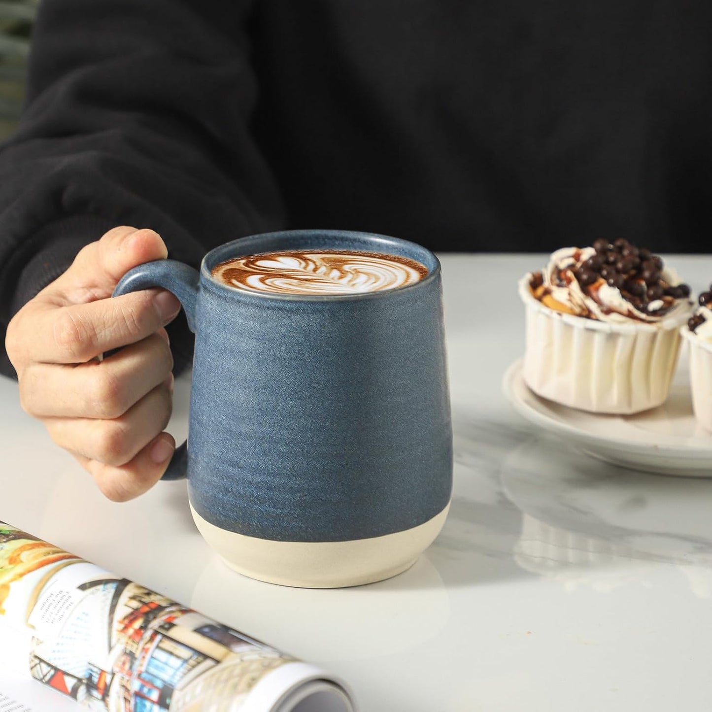 Hasense Porcelain Coffee Mugs Set of 6, 15 Ounce Large Ceramic Coffee Cups Set with Handle for Latte, Tea, Cocoa and Hot Chocolate, Dark Blue Coffee Mugs for Men and Women, Microwave Safe