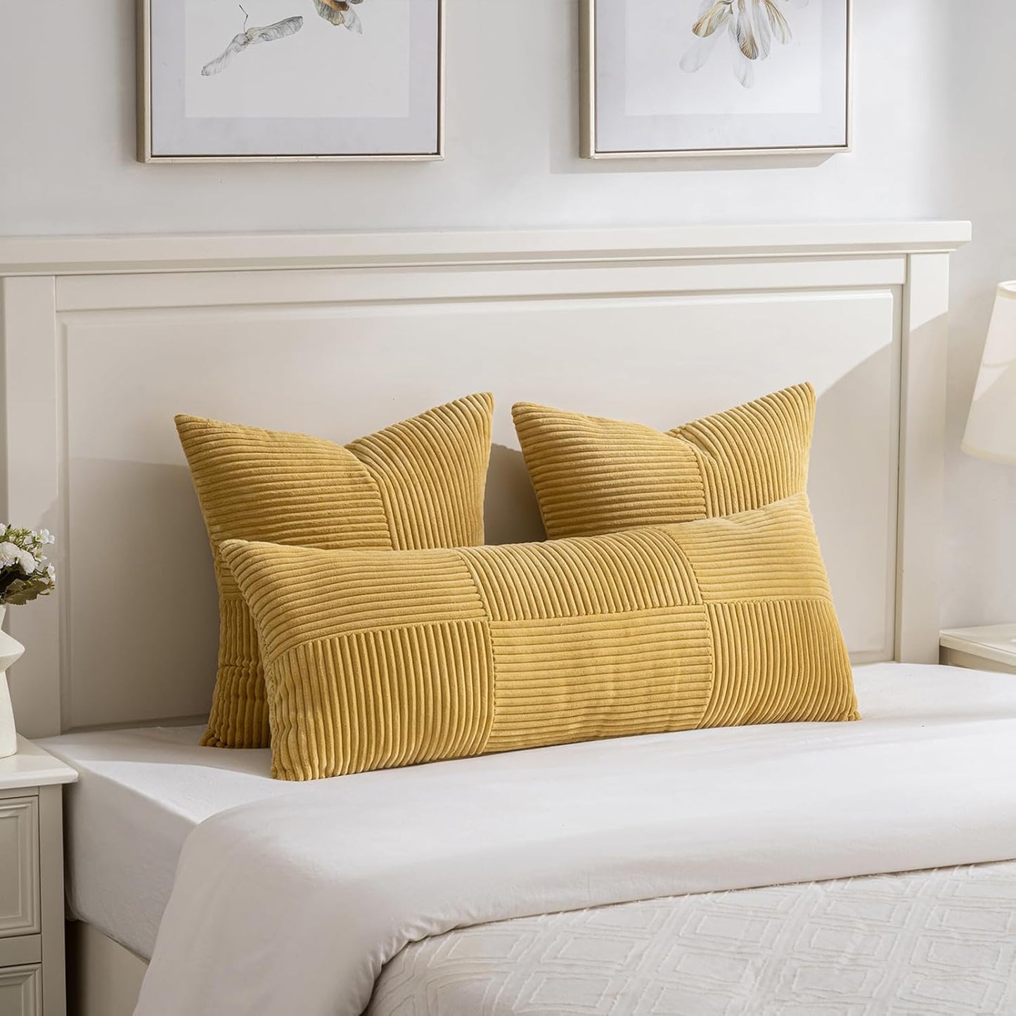 Fancy Homi 2 Packs Mustard Yellow Long Lumbar Decorative Throw Pillow Covers 12x24 Inch for Couch Bed, Rustic Farmhouse Boho Home Decor, Soft Striped Corduroy Rectangle Accent Cushion Case 30x60 cm