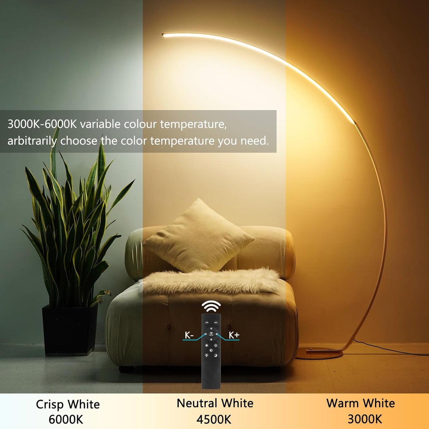 NUÜR Arc Floor Lamp, 67" Tall Gold LED Modern Standing Floor Lamp with Remote Control, Arched Bright Floor Lamps for Living Room Bedroom Office Home