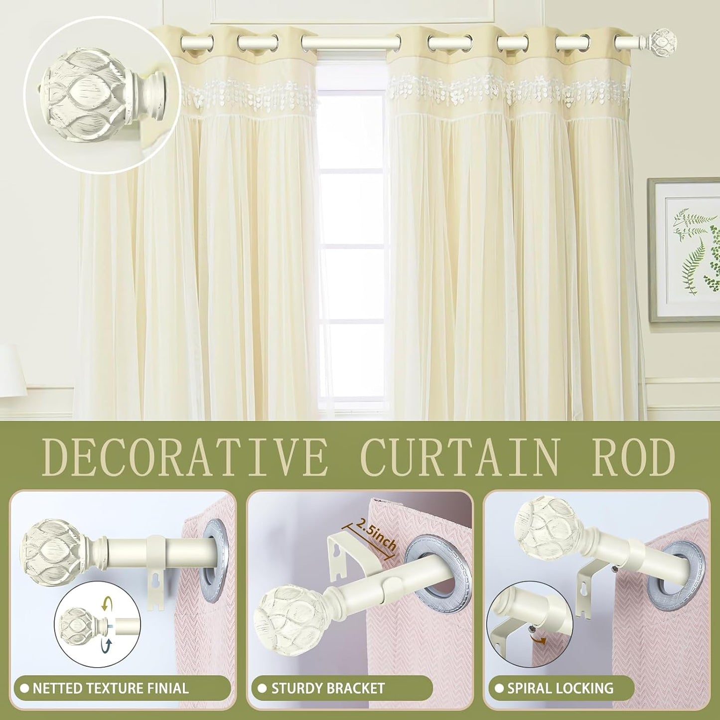 White Farmhouse Curtain Rods for Windows:36-88" Heavy Duty Adjustable Curtain Rod for Bedroom Living Room,Boho Decorative Rustic Drapery Rods with Vintage Coastal Texture Finials,Antique White