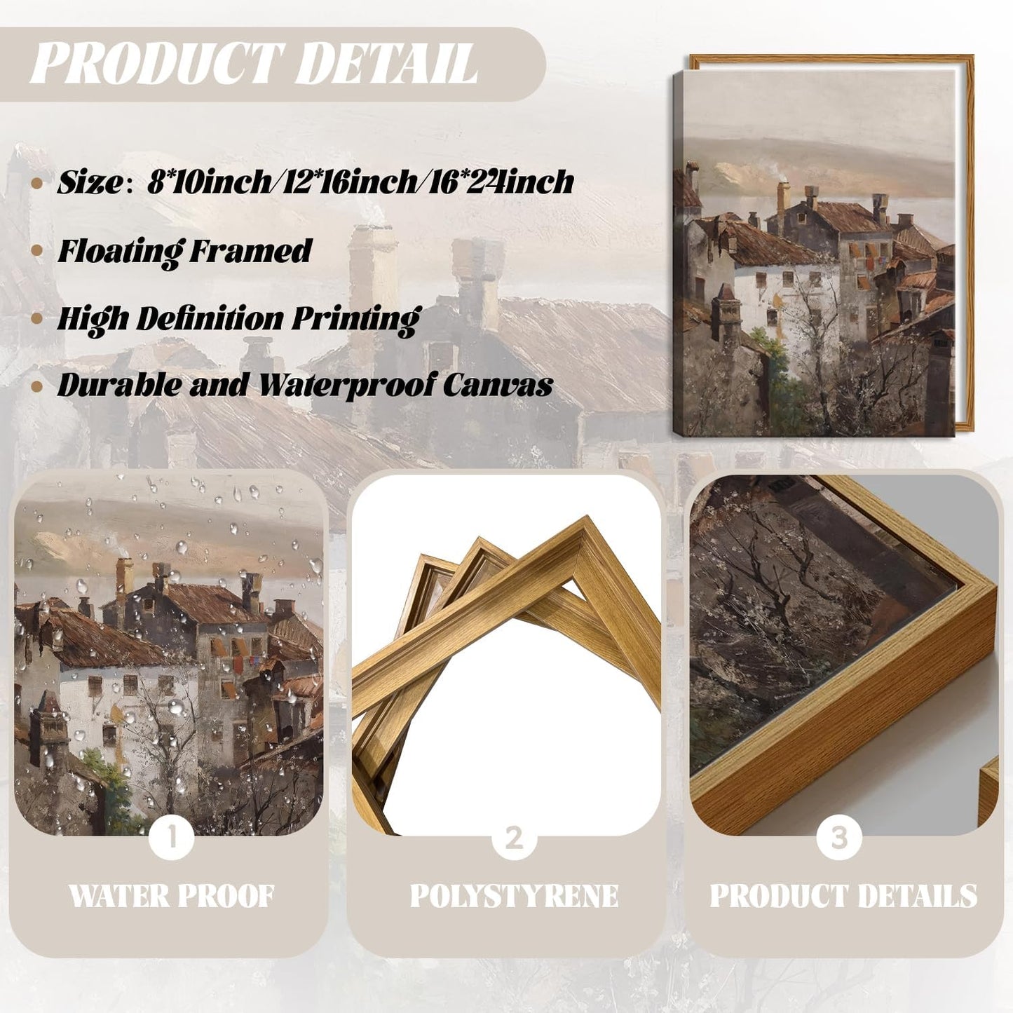 Floating Framed Vintage Canvas Wall Art, European Country Towns Wall Decor Oil Paintings Artwork, Rustic Farmhouse Posters Prints Pictures for Living Room Hallway Bedroom 8x10 inch