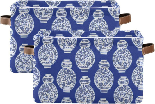 susiyo Storage Baskets for Shelves Organizer Baskets with Metal Frame Closet Storage Bins Fabric Bins Cubes with PU Handles for Organizing Shelf Nursery Toys 2 PACK,Blue Chinoiserie Vases