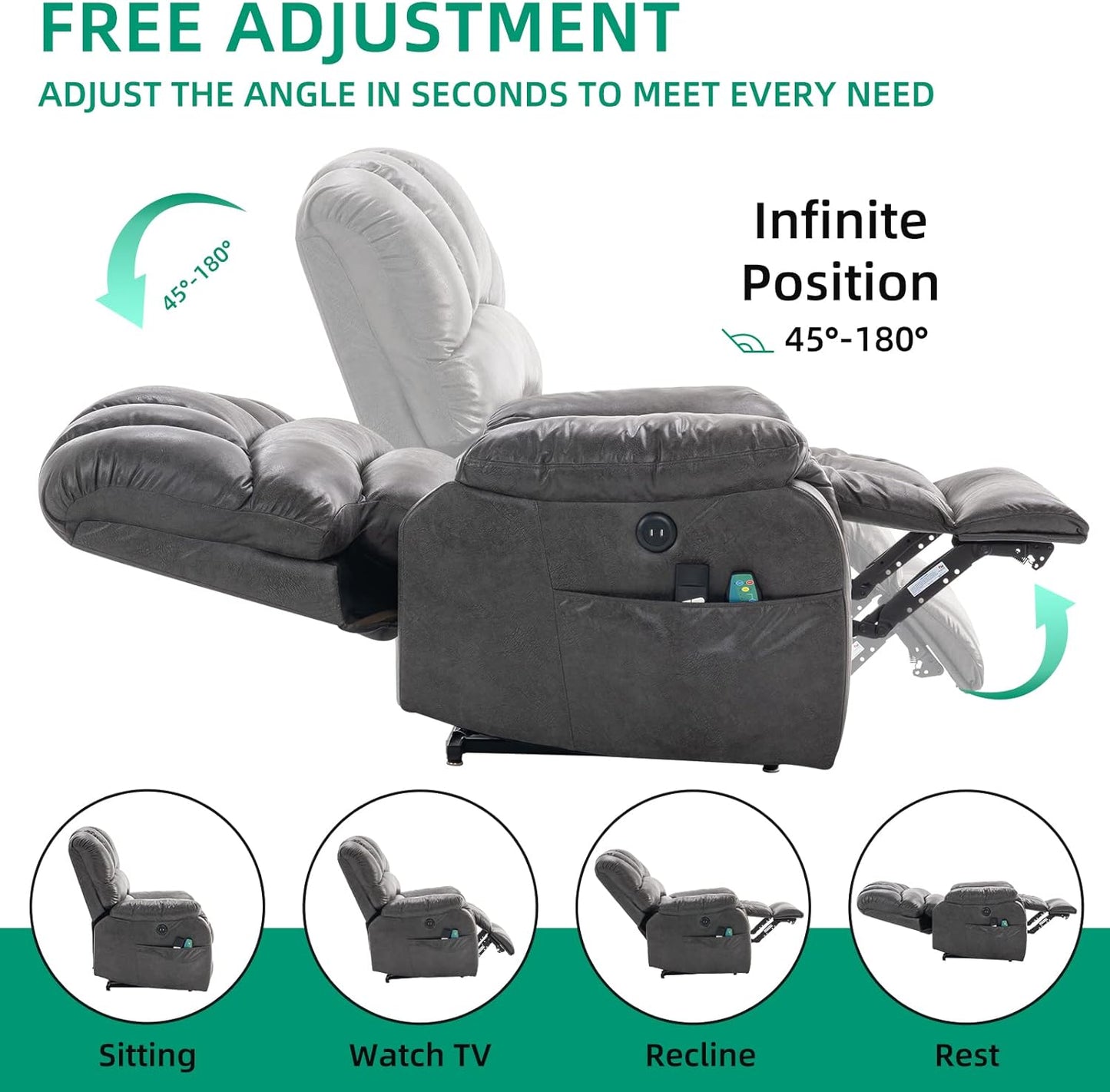 VIVIJASON Large Dual OKIN Motor Lay Flat Sleeper Lift Recliner Chair with Heat & Massage for Elderly, Infinite Position Electric Power Recliner with 2 Remote Controls, Side Pockets & USB Ports, Gray
