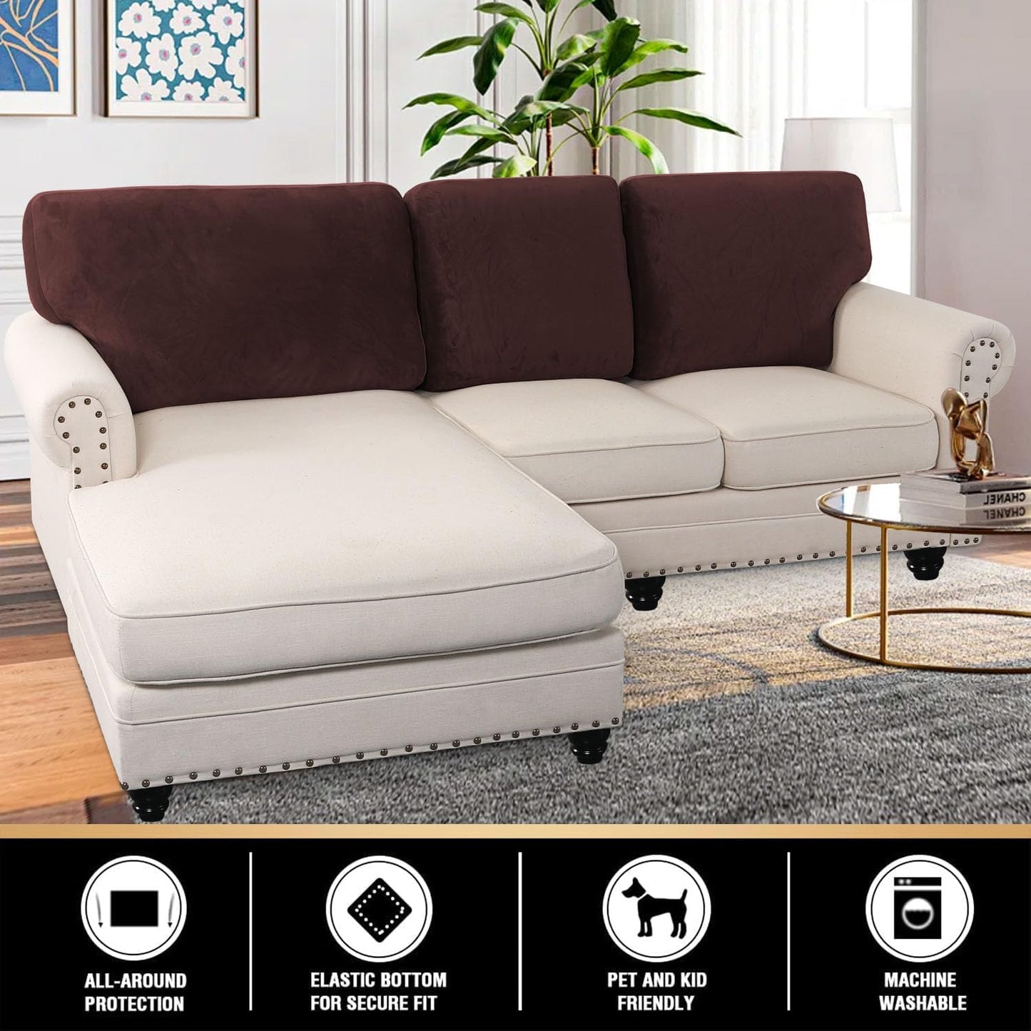 PrinceDeco Sectional Couch Covers Velvet Cushion Covers for Sectional Couch Cushion Covers for Sectional Sofa Separate Sectional Sofa Slipcovers Washable(1 Chaise Back+ 2 Sofa Back,Brown)