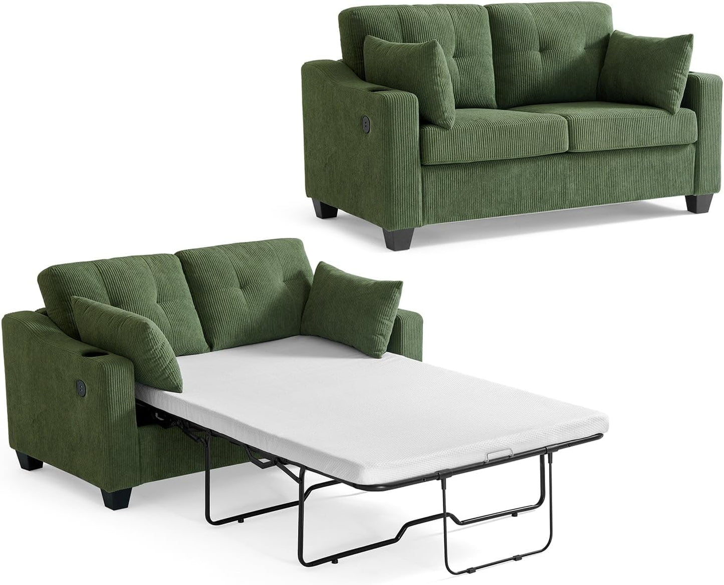 Pull Out Sofa Bed, Full Size Sleeper Sofa, 2-in-1 Convertible Corduroy Couch with USB Charging, Memory Form Couch for Living Room, Apartment and Small Space (Green, Corduroy - Full Size)