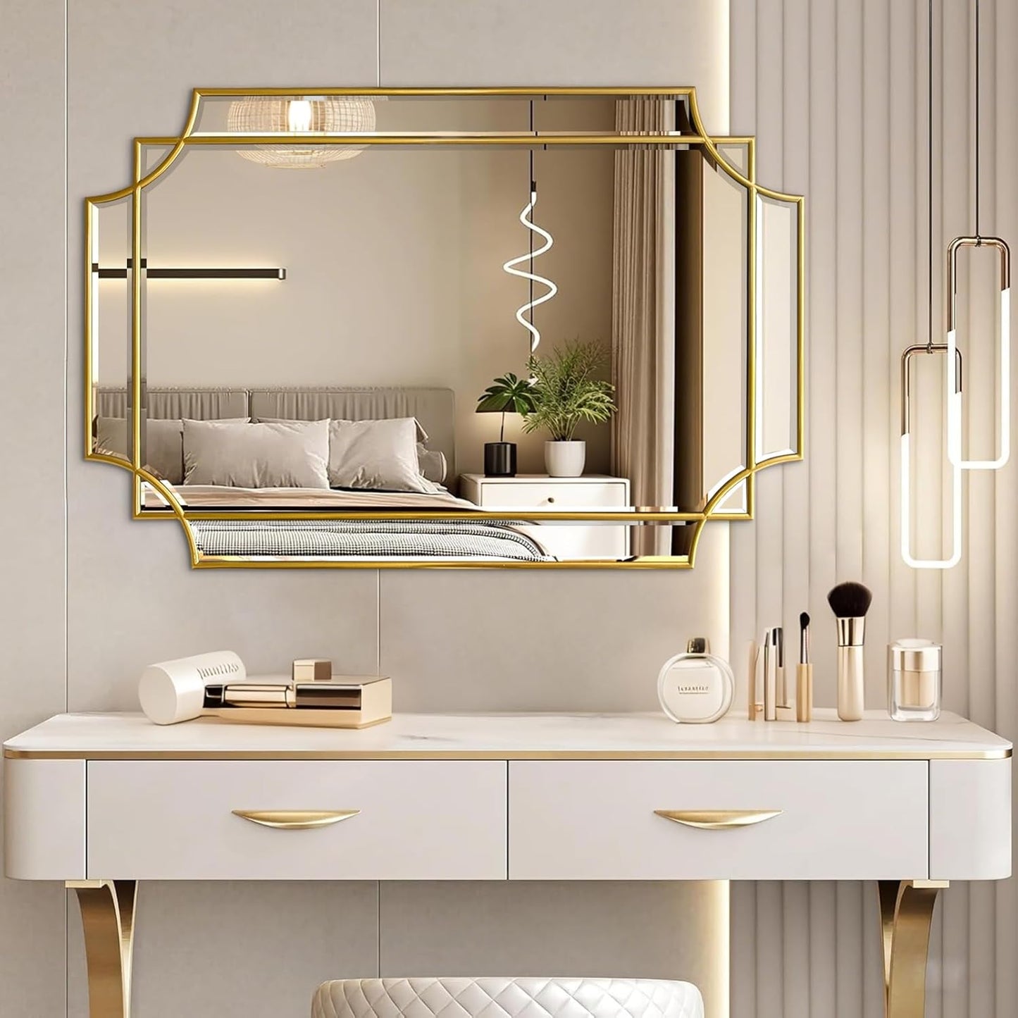 Gold Mirror for Wall, 36x24 Gold Wood Framed, Scalloped Beveled Polished Rectangle Mirror, Large Decorative Mirrors for Wall Decor, Irregular Mirror for Living Room, Bathroom Vanity, Entryway