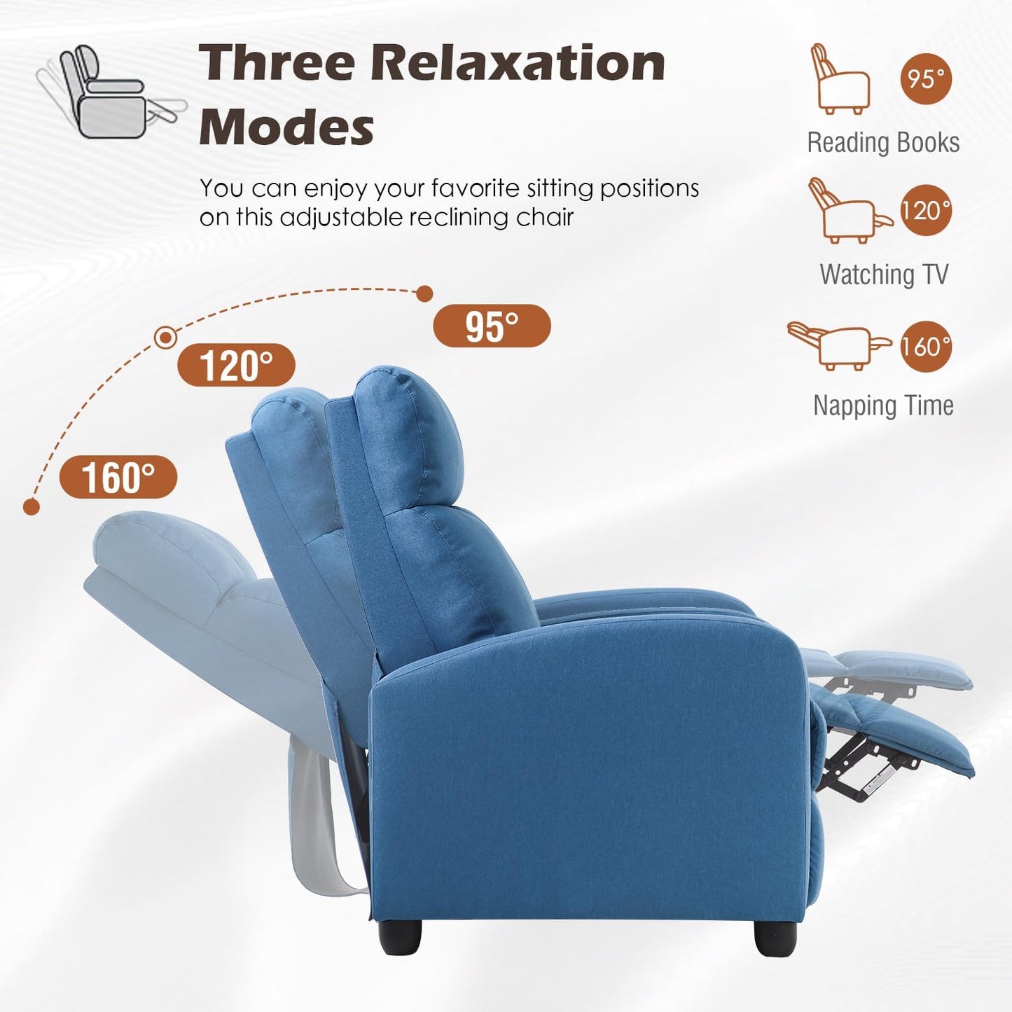 BestMassage | Recliner Chair | No Massage Function | Textile Blue | with Lumbar Support, Adjustable Push Back, Wide Armrests, Footrest & Padded Seat | Easy Assembly | for Living Room, Home Theatre