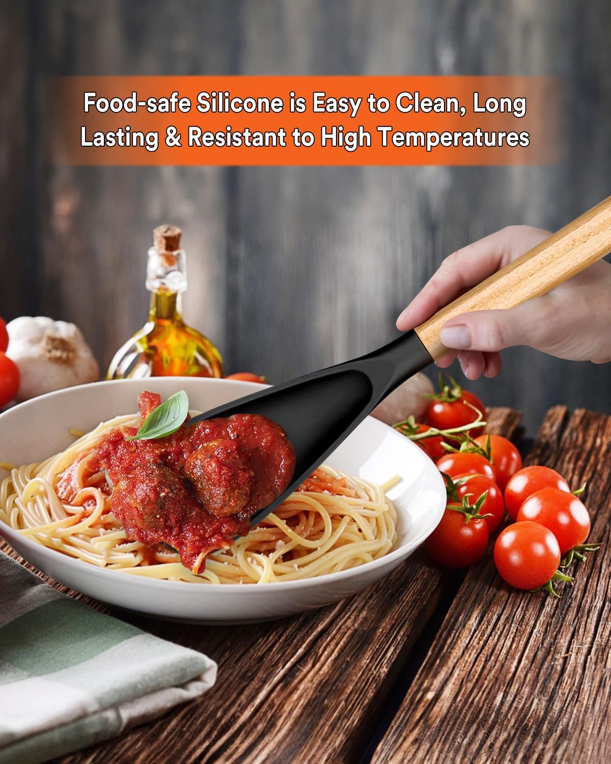 Multifunction Spatula Spoon for Nonstick Cookwares, Great for Cooking and Serving, Sturdy BPA-Free Matte Silicone, Wood Handle Spatula for Mixing, Scoop, and Scrape, Black(2 pack,11.4" & 13.4")