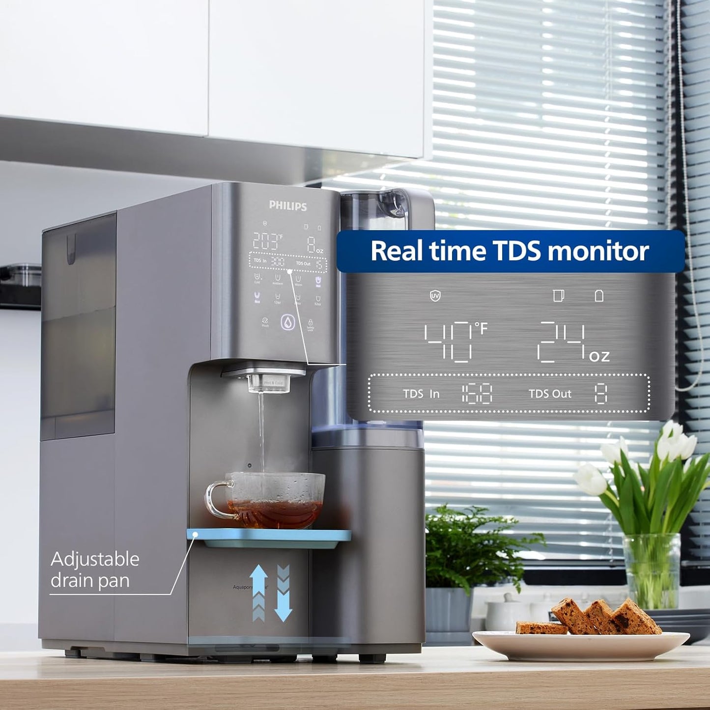 Reverse Osmosis Water Filter Countertop, Philips 40°F Cold Water Countertop RO System 6 Stage Filtration with UV Light, Instant Boiling Water 6 Temperature Settings NSF/ANSI 372 Certified, TDS Monitor