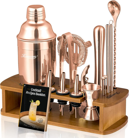 KITESSENSU Cocktail Shaker Set Bartender Kit with Stand - Drink Mixer Bar Set with All Essential Bar Accessory Tools - Martini Shaker Jigger Strainer Mixer Spoon Muddler Liquor Pourers - Rose Gold