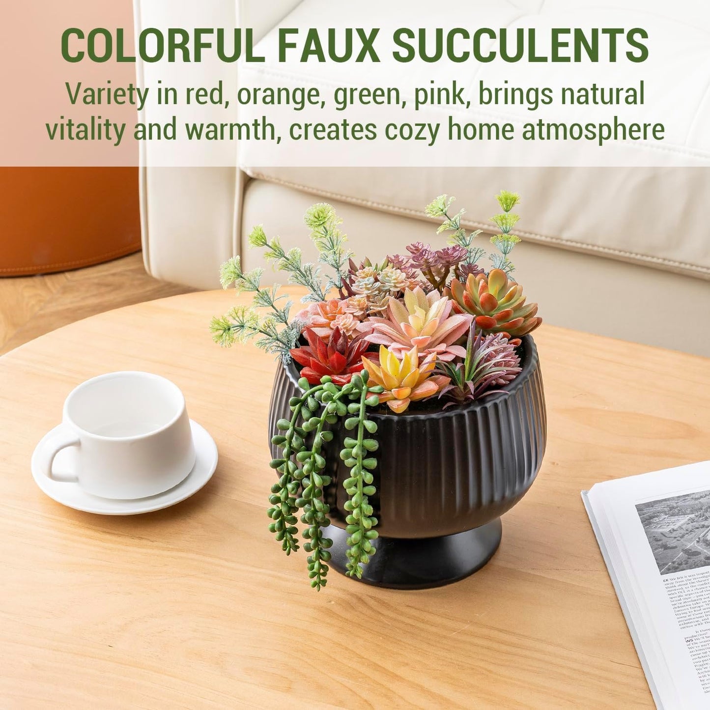 MyGift 10 Inch Modern Artificial Succulent Arrangement Potted in Matte Black Ribbed Ceramic Round Planter, Decorative Plant Pot with Assorted Faux Mini Succulents