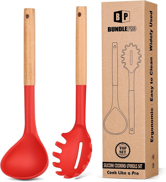 Silicone Pasta Fork and Ladle Spoon Set with Wooden Handle, Heat Resistant Non Stick Kitchen Utensils for Cooking, Stirring, Serving Spaghetti, Soup, Sauce(RED)