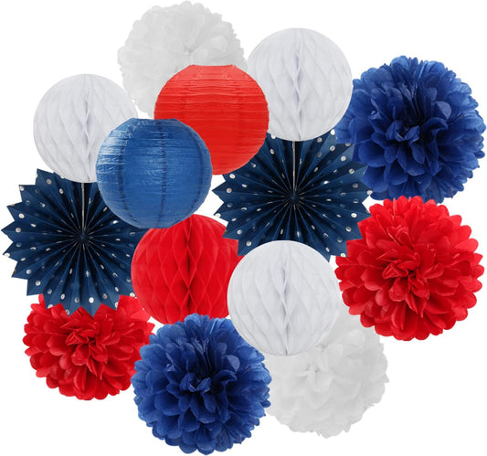 Fourth-4th of July-Imemorial Party-Decorations Lanterns - 14pcs Red White Blue Graduation Paper Streamers Fan,Tissue Pom Poms Streamer,Honeycomb Balls,USA Patriotic America Independence Decor Ouruola