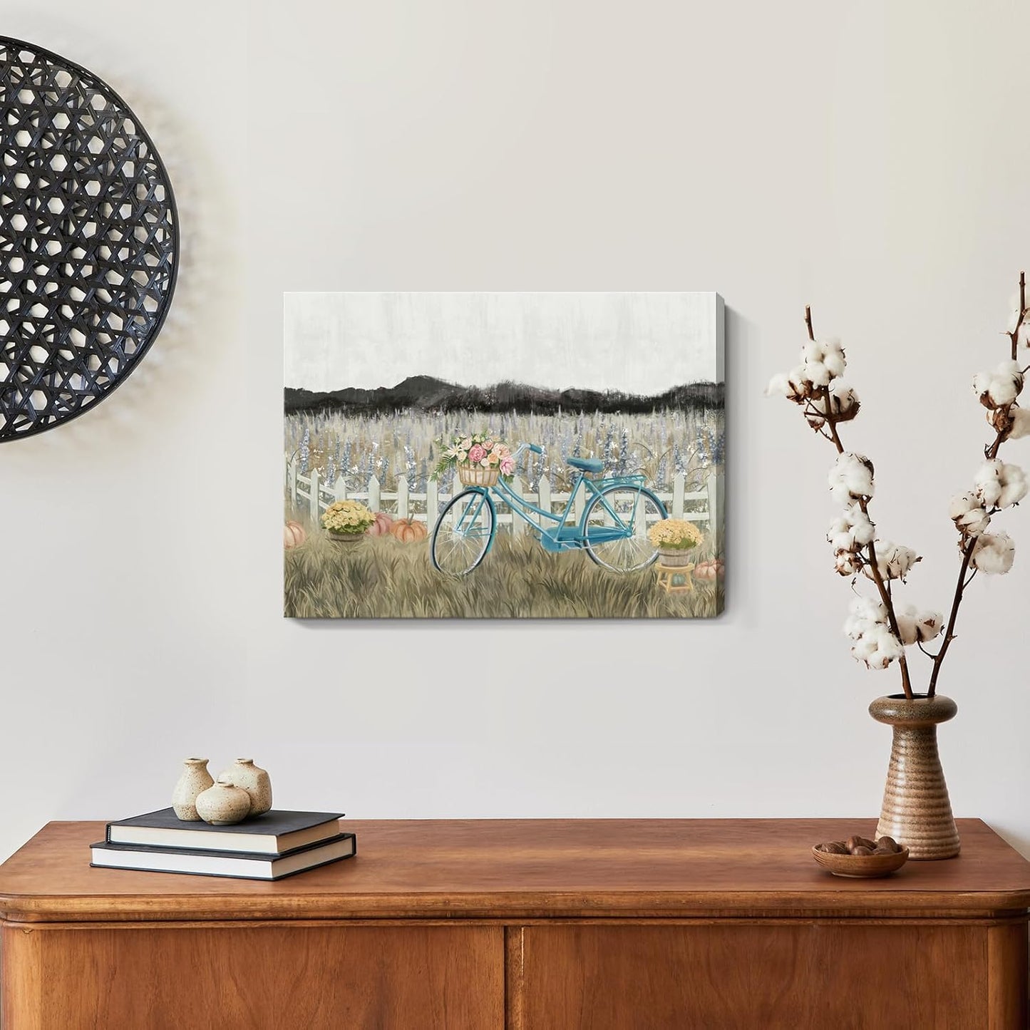 Farmhouse Decor Bathroom Fall Wall Art Vintage Boho Landscape Nature Canvas Picture Mountains, Bicycle Lavender Flowers Floral Neutral Small Artwork for Modern Organnic Country Rustic Cottagecore Bedroom