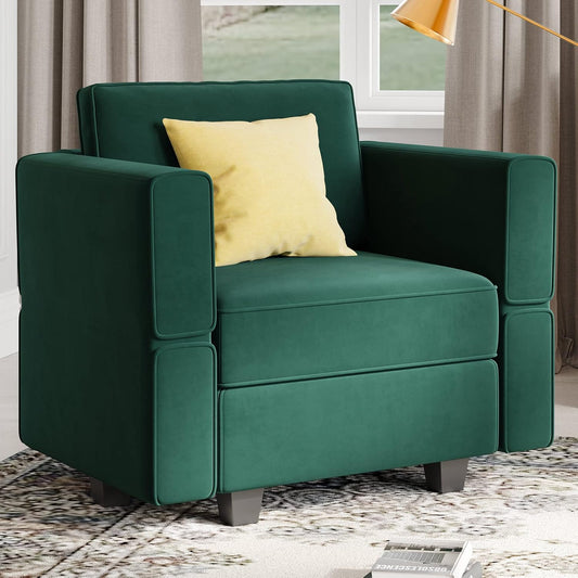 Belffin Velvet Modular Sectional Arm Chair Accent Chair with Storage Seat Single Club Chair for Apartment Green