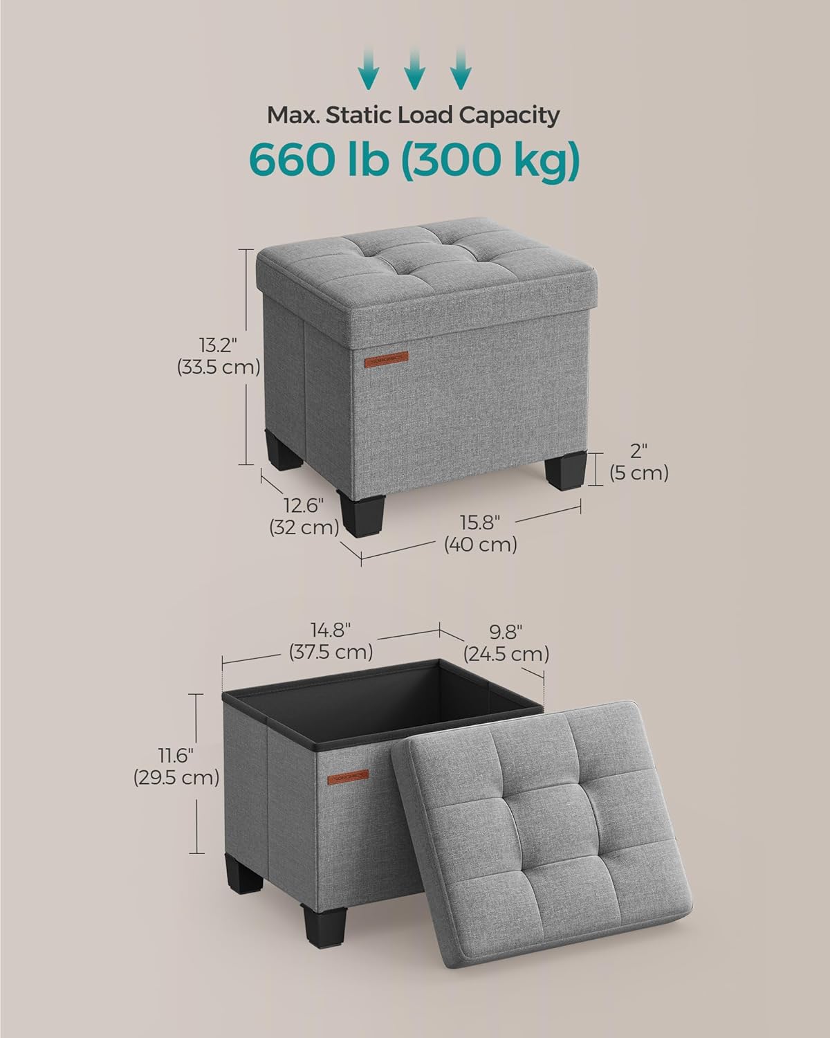 SONGMICS Storage Ottoman, Small Ottoman Foot Rest with Legs, 12.6 x 15.8 x 13.2 Inches Foot Stool, Load up to 660 lb, for Living Room, Bedroom, Dorm, Dove Gray ULSF012G02