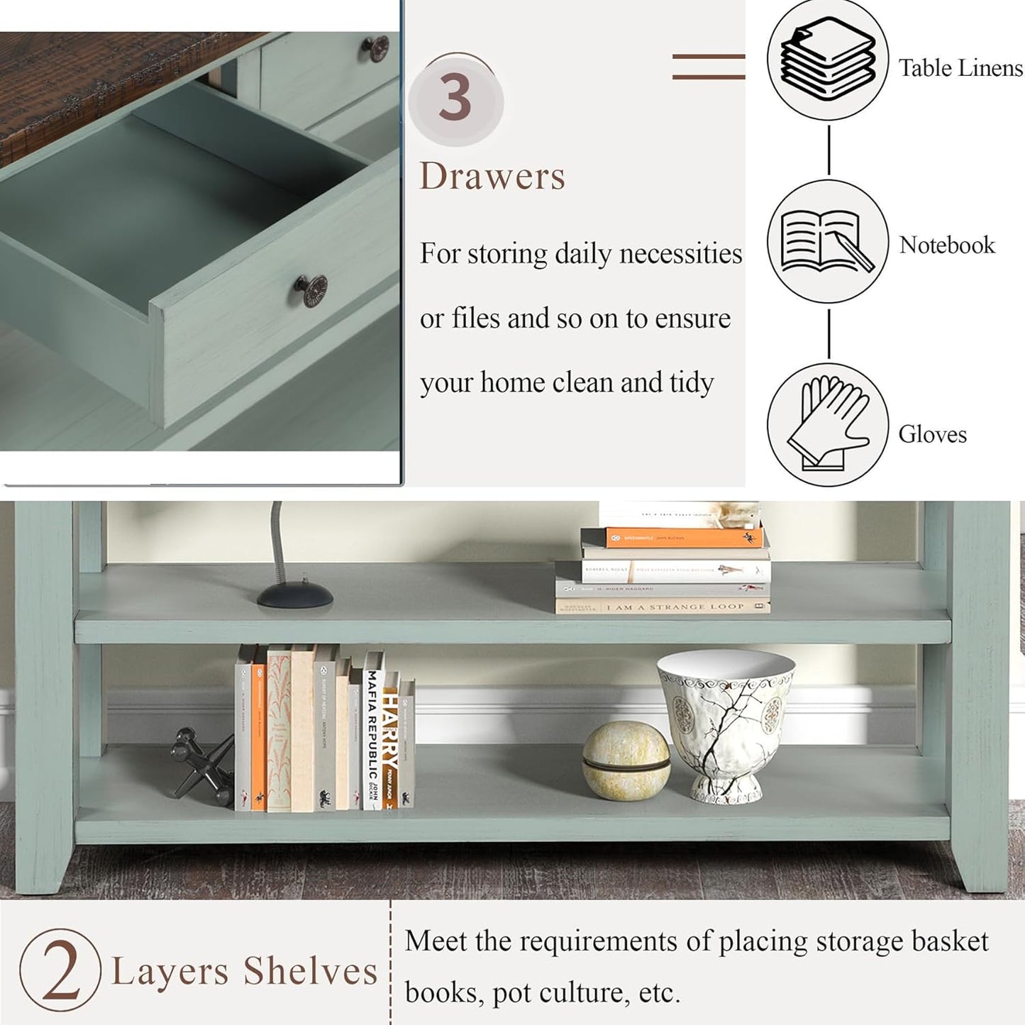 Solid Wood Console Table Sofa Table with Storage Drawers and Bottom Shelf Entryway Table for Entry Hallway Foyer Sofa Couch Table,Fully Assembled (48.8" Green)