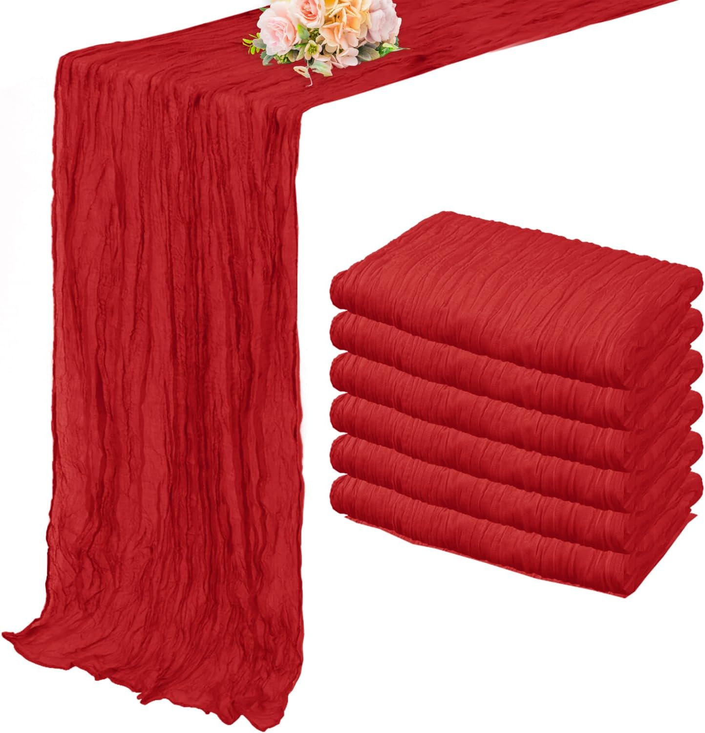 6 Pack Red 10FT Cheesecloth Table Runner Rustic Gauze Fabric Cheese Cloth Table Runner for Wedding Bridal Baby Shower Table Decor Boho Sheer Birthday Party Table Decorations 20 x 120 Inch Long