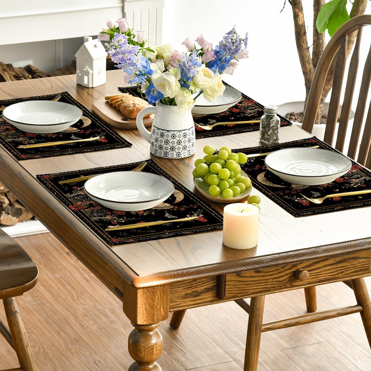 Artoid Mode Black Poppy Moth Moon Placemats Set of 4, 12x18 Inch Floral Spring Table Mats for Outdoor Home Party Kitchen Dining Decor