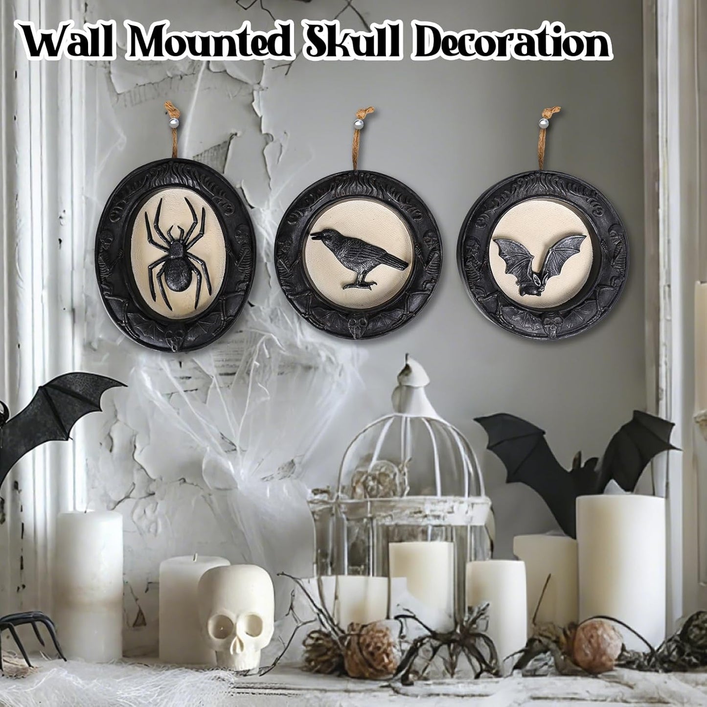 Ovewios Halloween Wall Art Decorations, Retro Gothic Framed Spooky Hanging Decor, Pack of 3 Resin Black Animal Head Wall Sculptures for Indoor Halloween Party Home Decorations