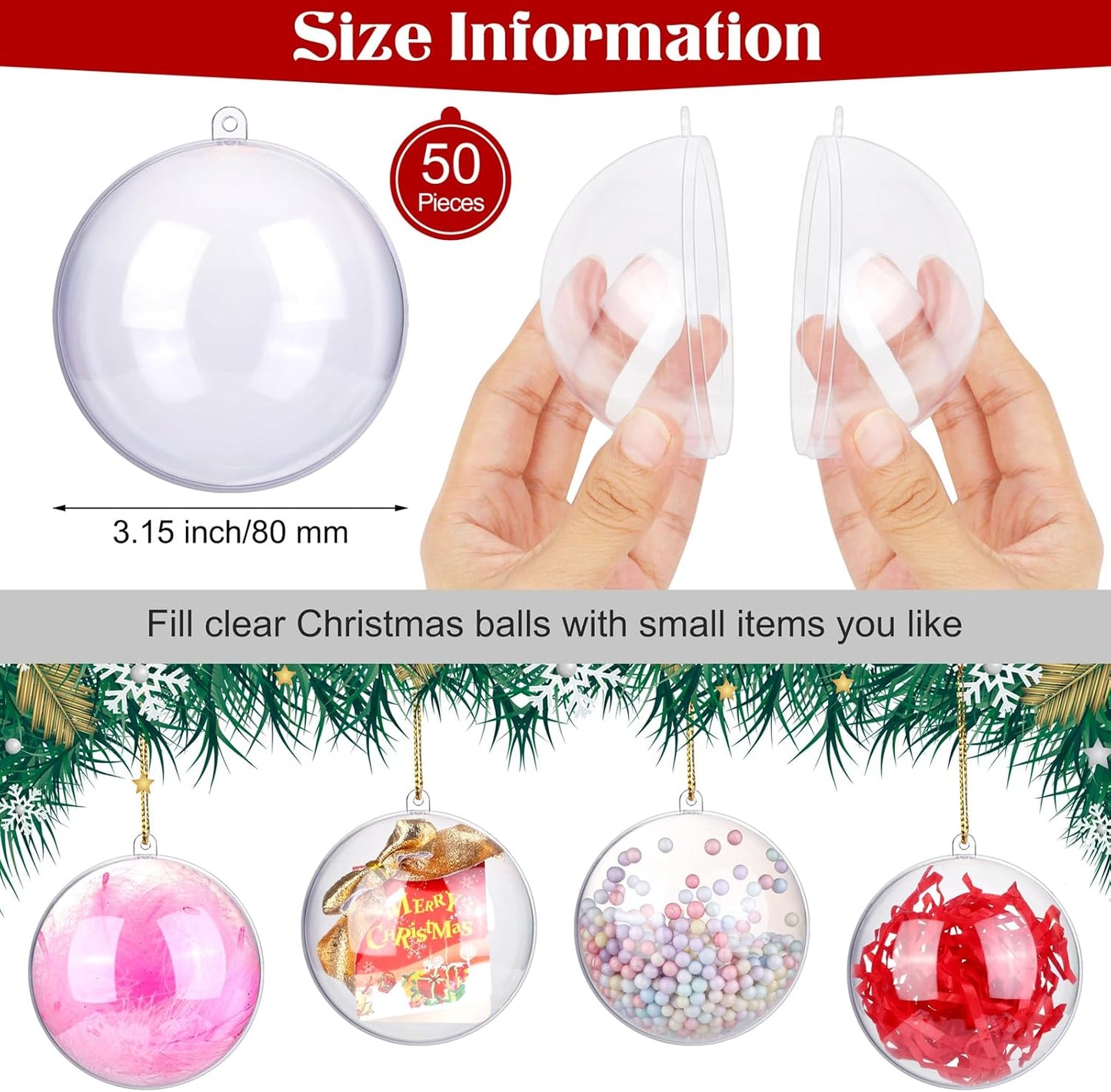 ANVAVO 50 Pieces 80mm Clear Plastic Fillable Ball Ornaments - DIY Craft Transparent Baubles for Christmas Tree Hanging - Shatterproof Decorations for New Years, Birthday, Wedding, Home Decor