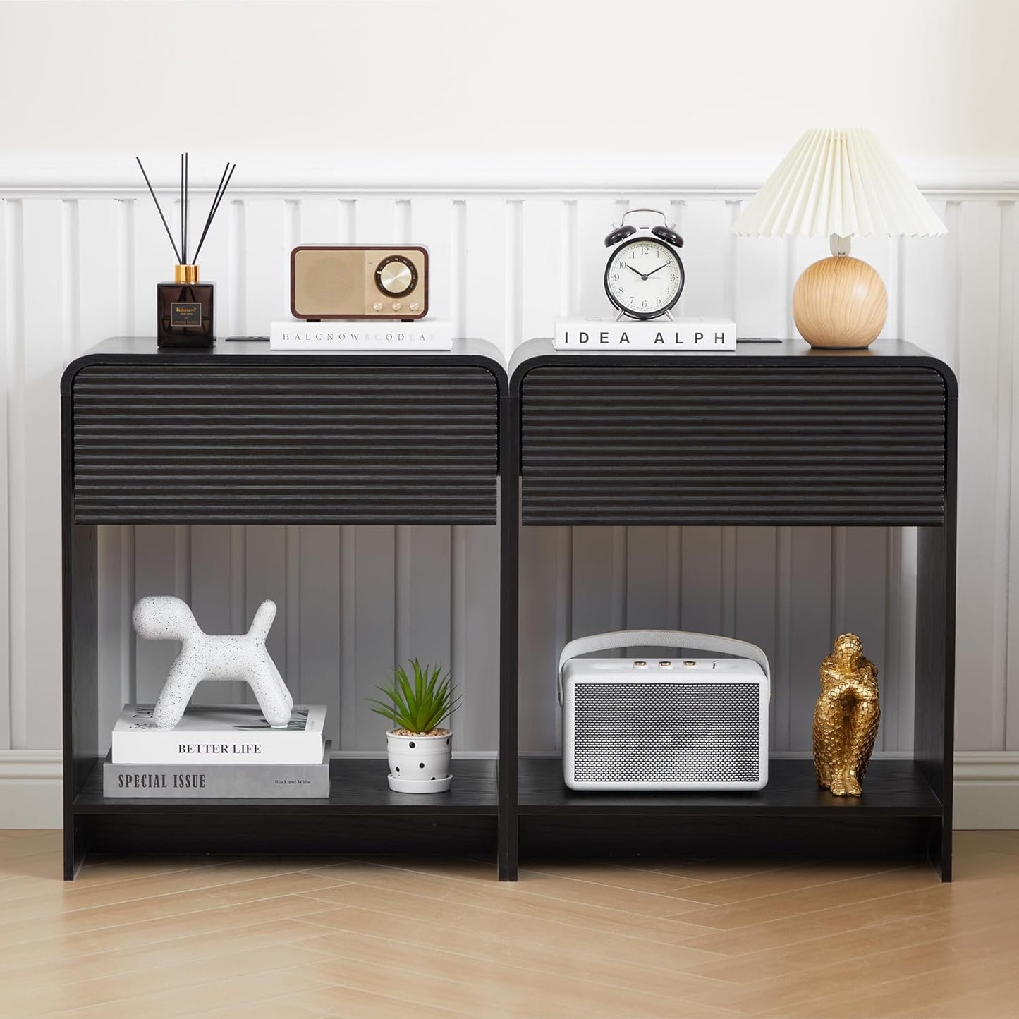 Fluted Nightstand Set of 2 with Charging Station, Modern Bed Side Table End Table with Drawer Storage, Large Wooden Night Stands Bedside for Bedroom Living Room Sofa Office, Black 2 Sets