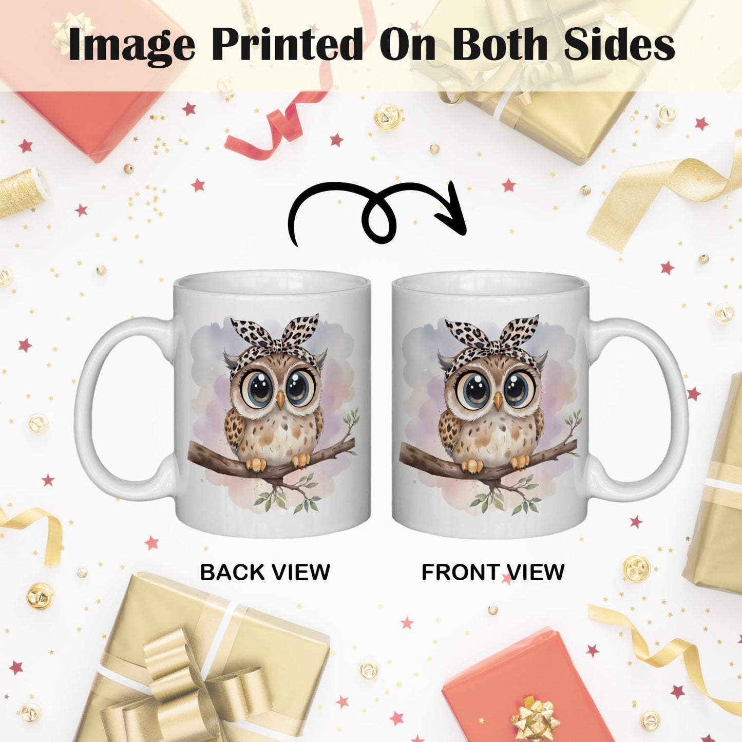 JINYO Coquette Leopard Bow Owl Mug, Cute Owl Coffee Cup, Gifts for Owls Lovers Women, Cute Wild Animal Ceramic Coffee Tea Mug 11 oz