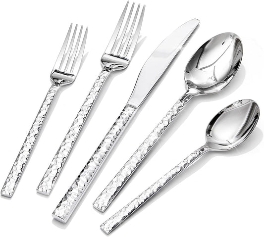 KINGSTONE 40 Piece Hammered Silverware Set, 18/10 Stainless Steel Flatware Set for 8, Cutlery Set for Home, Party, Wedding, Mirror Polished Dishwasher Safe