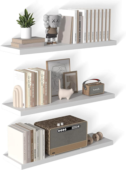 40 Inch Floating Shelf 3 Pack Large Floating Shelves for Wall No Drilling Accessories Included Deep Wall Shelves for Living Room Kitchen Farmhouse 40" W x 12" D x 1.2" White