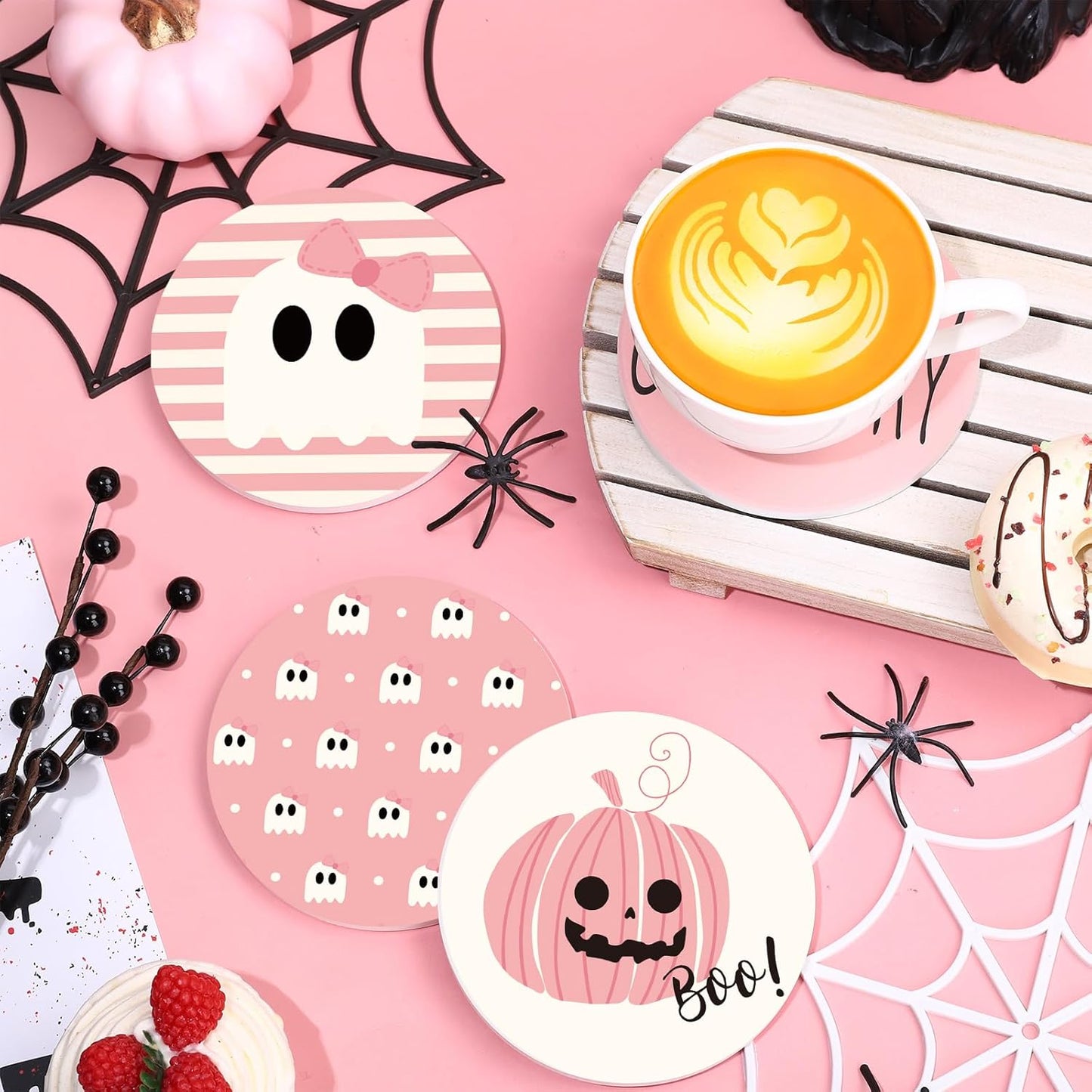 Whaline 4Pcs Halloween Ceramic Coasters Pink Ghost Pumpkin Drink Coasters Absorbent Cup Mat for Mug Cup Home Kitchen Party Table Decor