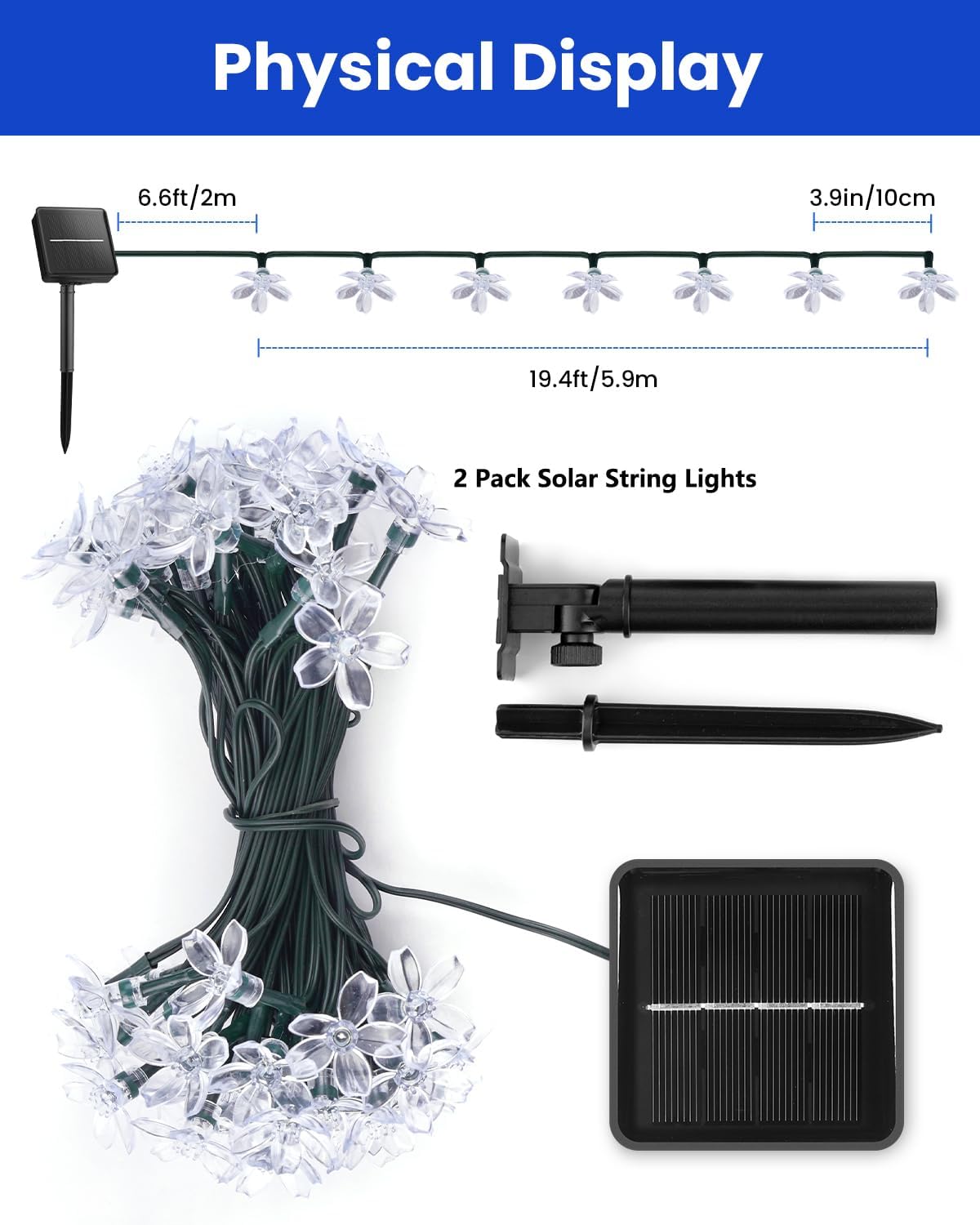Brightown 2 Pack Total 52FT 120 LED Solar Flower String Lights for Outside Waterproof Fairy Lights for Garden Yard Fence Patio Christmas Tree Wedding Party Decor, Blue