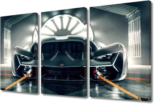 TUMOVO Sports Car in the Garage Canvas Wall Art for Living Room Super Car 3 Pieces Modern Abstract Painting Car Poster Picture for Boys Bedroom Office Home Wall Decorations Frame Wall Decor 36"Wx24"H