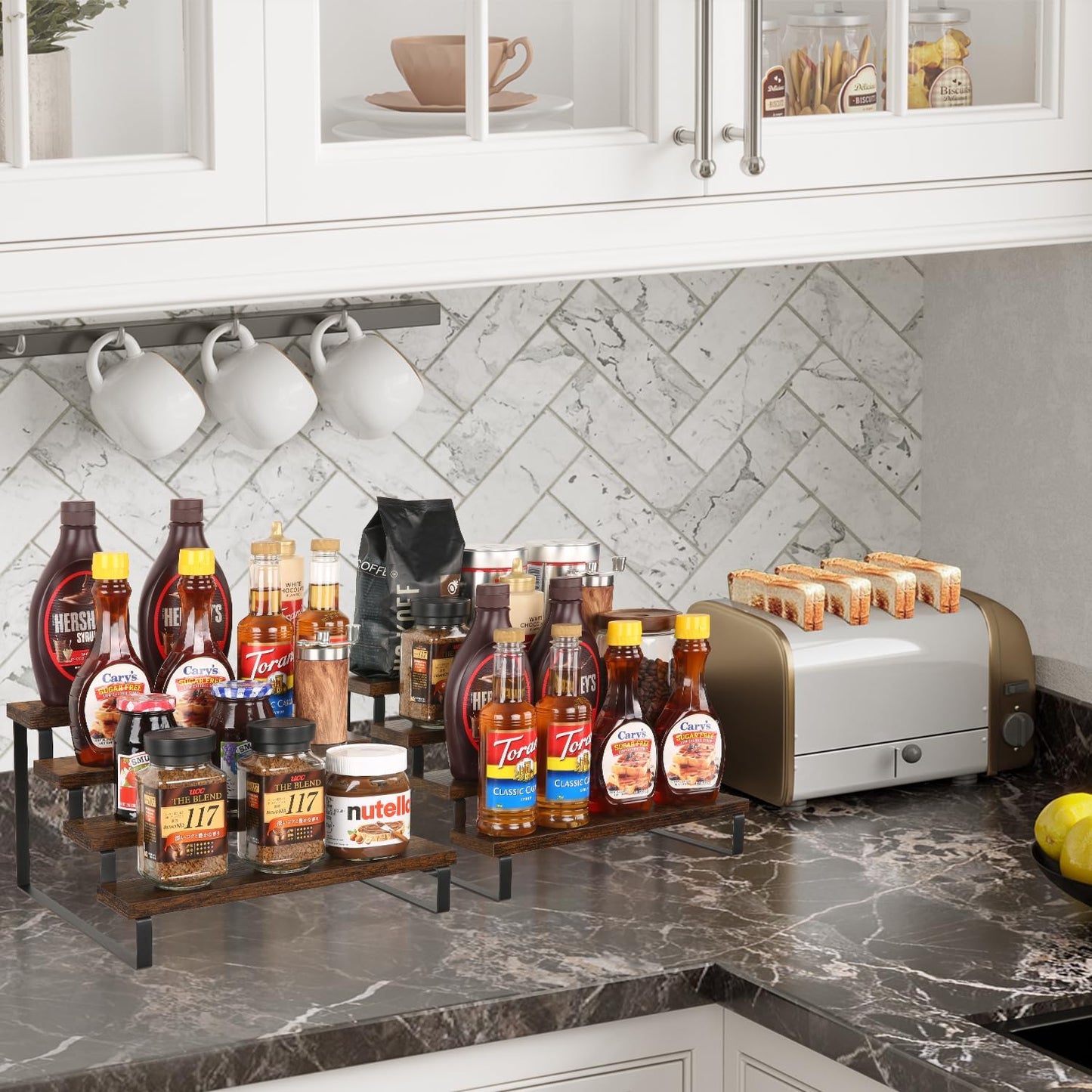 YINMIT Wooden Display Riser Stand, Tiered Perfume and Cologne Organizer Stand, 4 Tier Spice Rack Organizer, Rustic Display Shelf for Candles (4 Tier, 2 Pack)