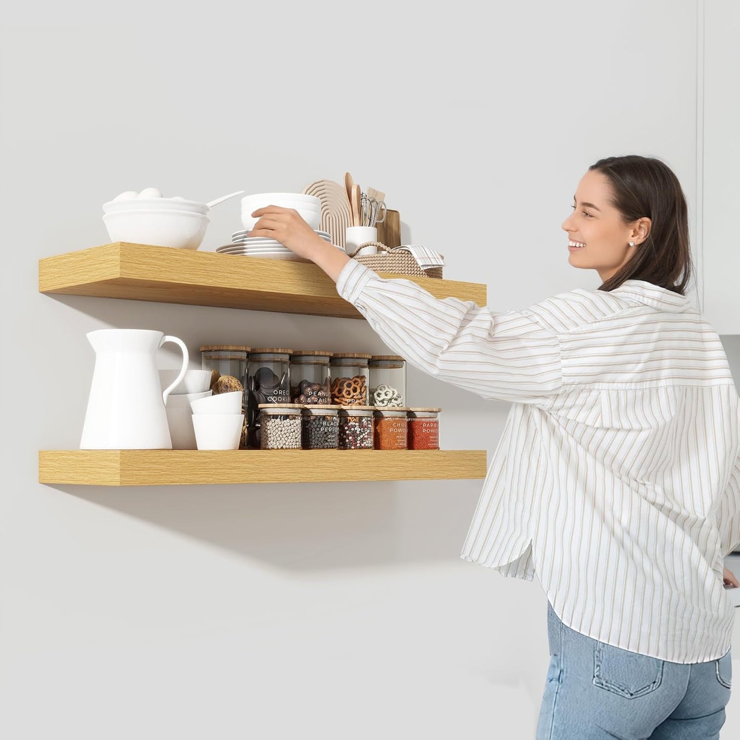 Heimlove 55 Inch Floating Shelves for Wall,10 Deep Large Rustic Wall Shelf with Heavy Duty Brackets,Mounted Storage & Display Shelves for Bedroom,Living Room,Kitchen,Office,Set of 2,Oak Color