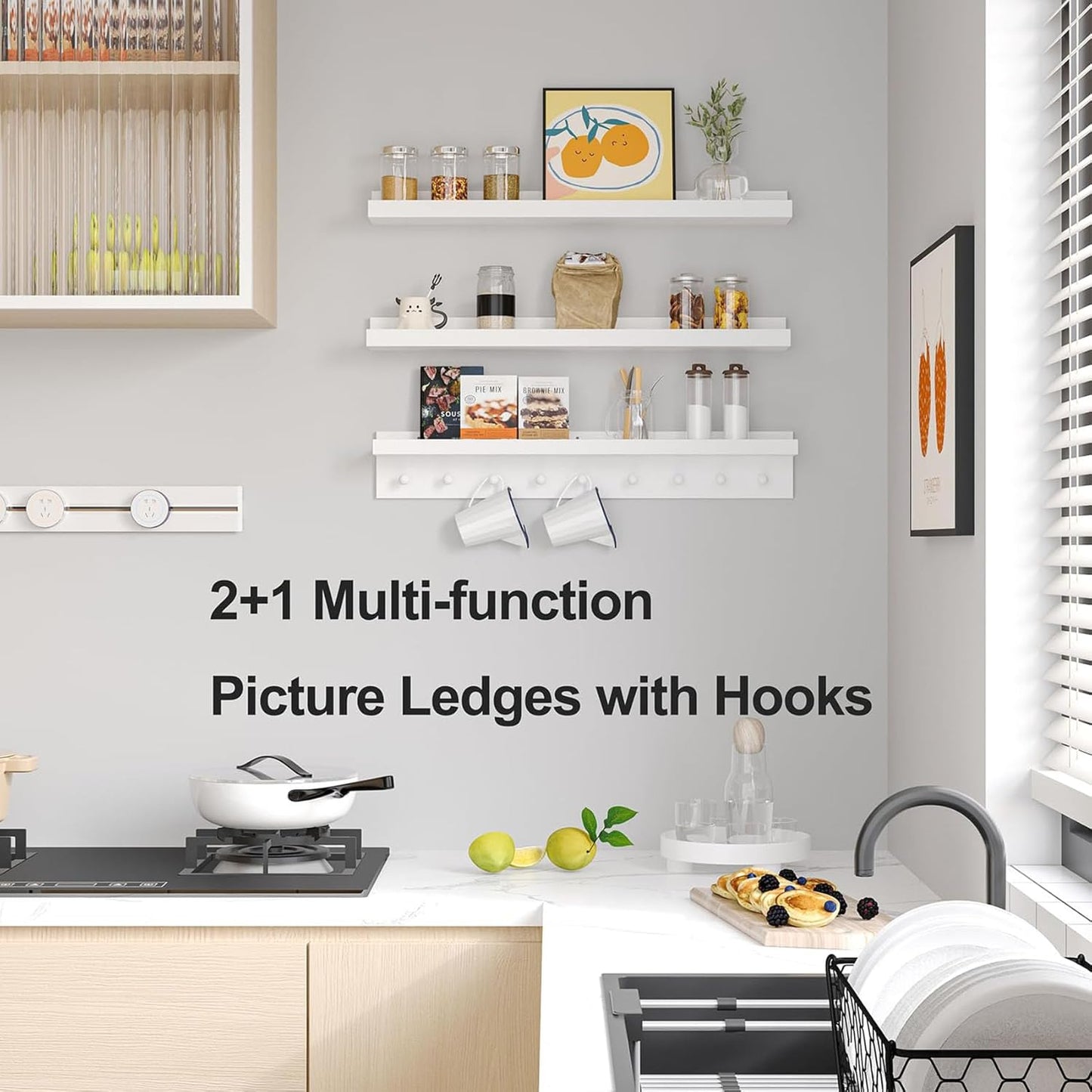 MBYD White Floating Shelves for Wall with Hooks, Nursery Book Shelves for Kids Room, 36 Inch Wall Mount Bookshelf for Living Room Bedroom Bathroom Kitchen, Hanging Picture Ledge Shelf Set of 3