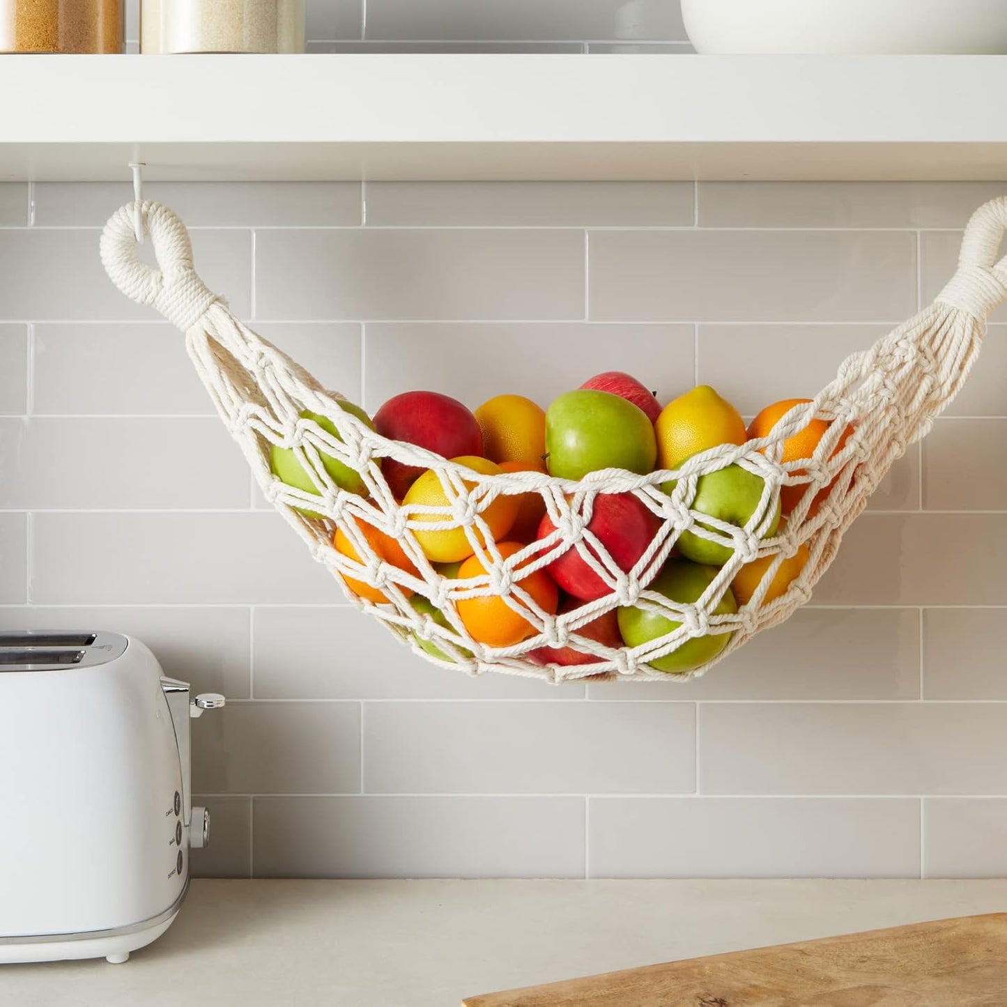 Okuna Outpost Macrame Hanging Fruit Basket Hammock for Kitchen - 6 x 25 x 15 in - White Cotton Modern - Under-Cabinet Storage with 2 Hooks for Bananas
