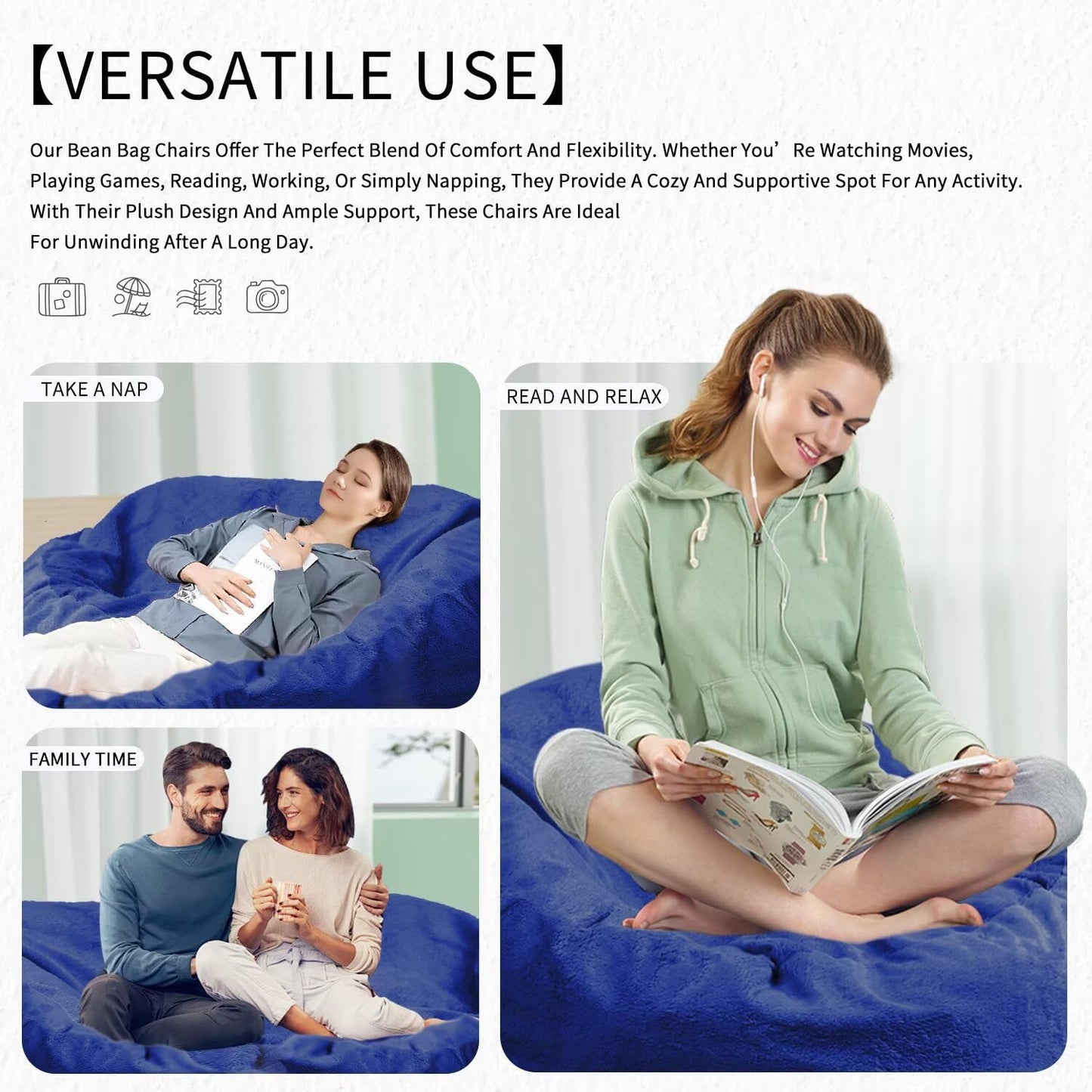 Bean Bag Chair for Adults 8FT,Soft Removable Cover for Teens/Girls Bedroom,Fluffy Giant Round Floor Beanbag Lounger Chairs (No Filler,Sapphire)