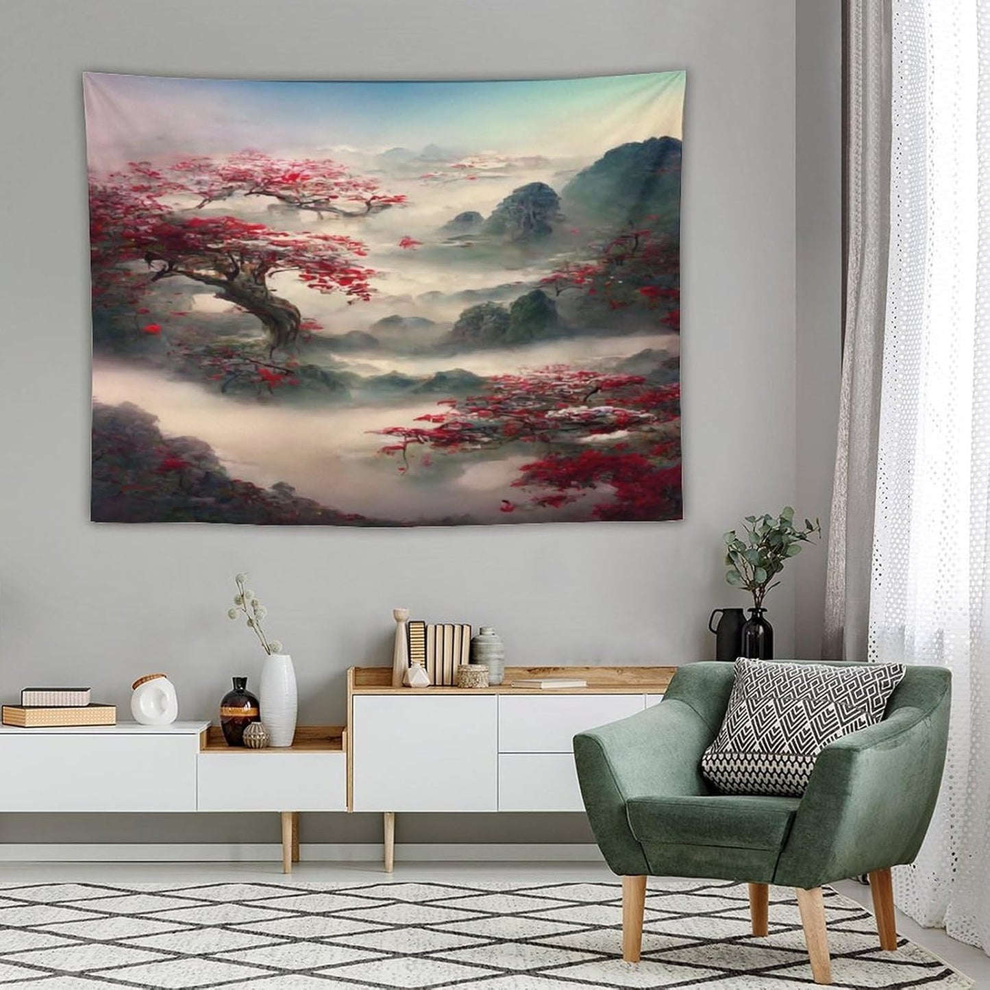Japanese Tapestry, Red Plum Cherry Blossom Mountain, Nature Landscape, Bedroom & Living Room Decor, 80"x60"