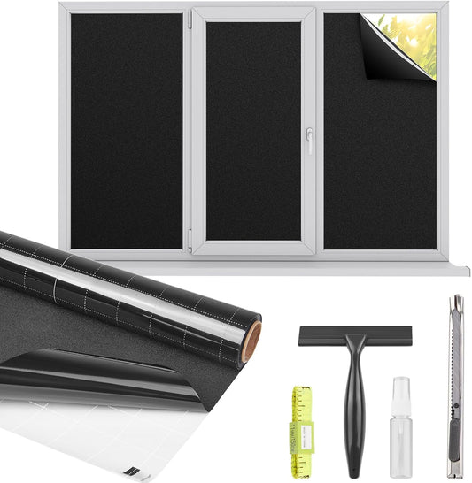 Kromapolis Blackout Window Privacy Film Total Light Blocking Room Darkening Window Covering, Removable Static Cling Frosted Glass Tint, Non-Adhesive, Black 45.2'' x 78.7''