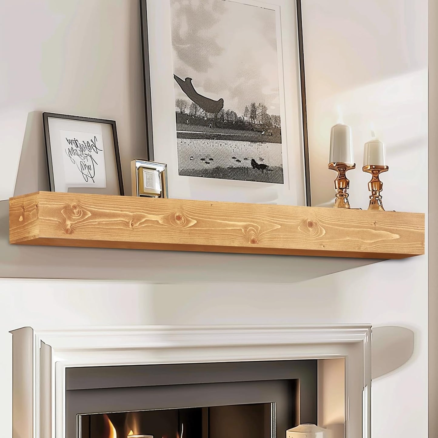 56x8x5 Fireplace Mantel - Handcrafted Rustic Solid Wood Wall Mounted Floating Shelf