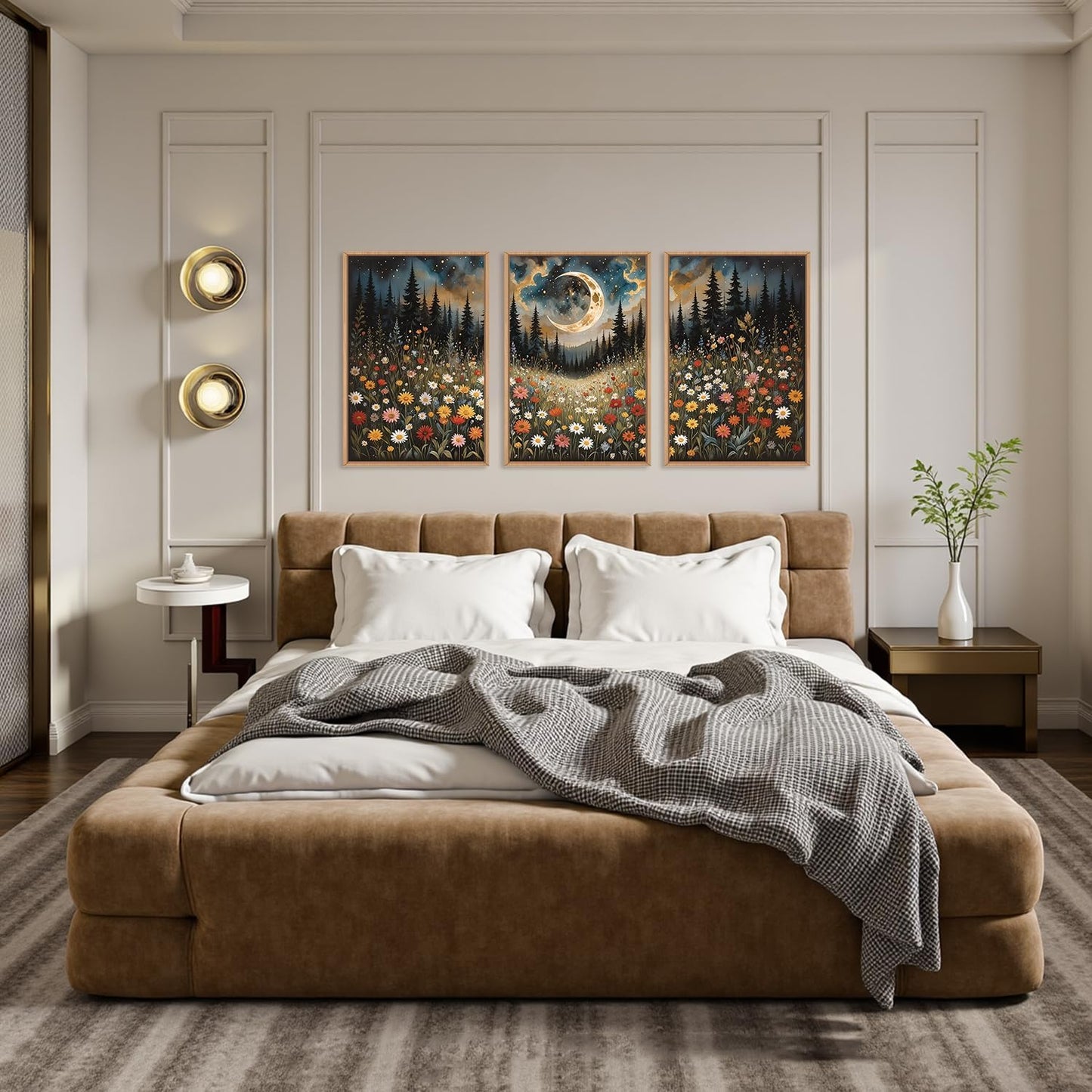 HPINUB Wildflower Moon Forest Framed Canvas Wall Art Set,Nature Pine Tree Wall Decor,Mystical Starry Night Artwork Rustic Mountain Landscape Art Print for Living Room,Bedroom,Office-16 x24 x3