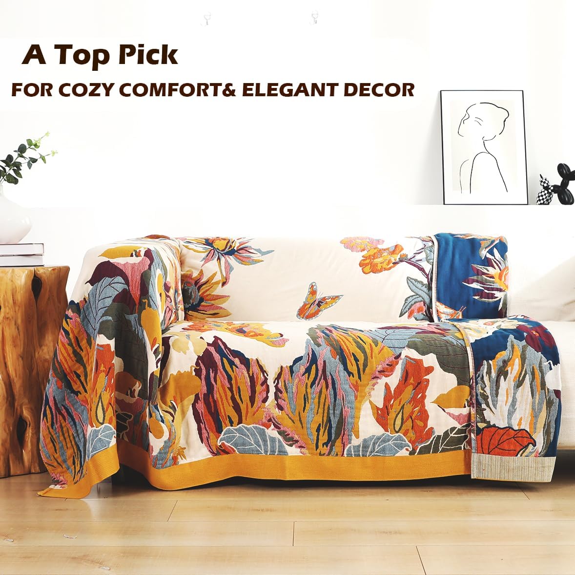 Boho Large Throw Blanket, 100% Organic Cotton Breathable Soft Bed King Throw - Fall Floral Bird Butterfly Farmhouse Decor Blanket for Sofa Couch Chair and Gift. 91" x 98"