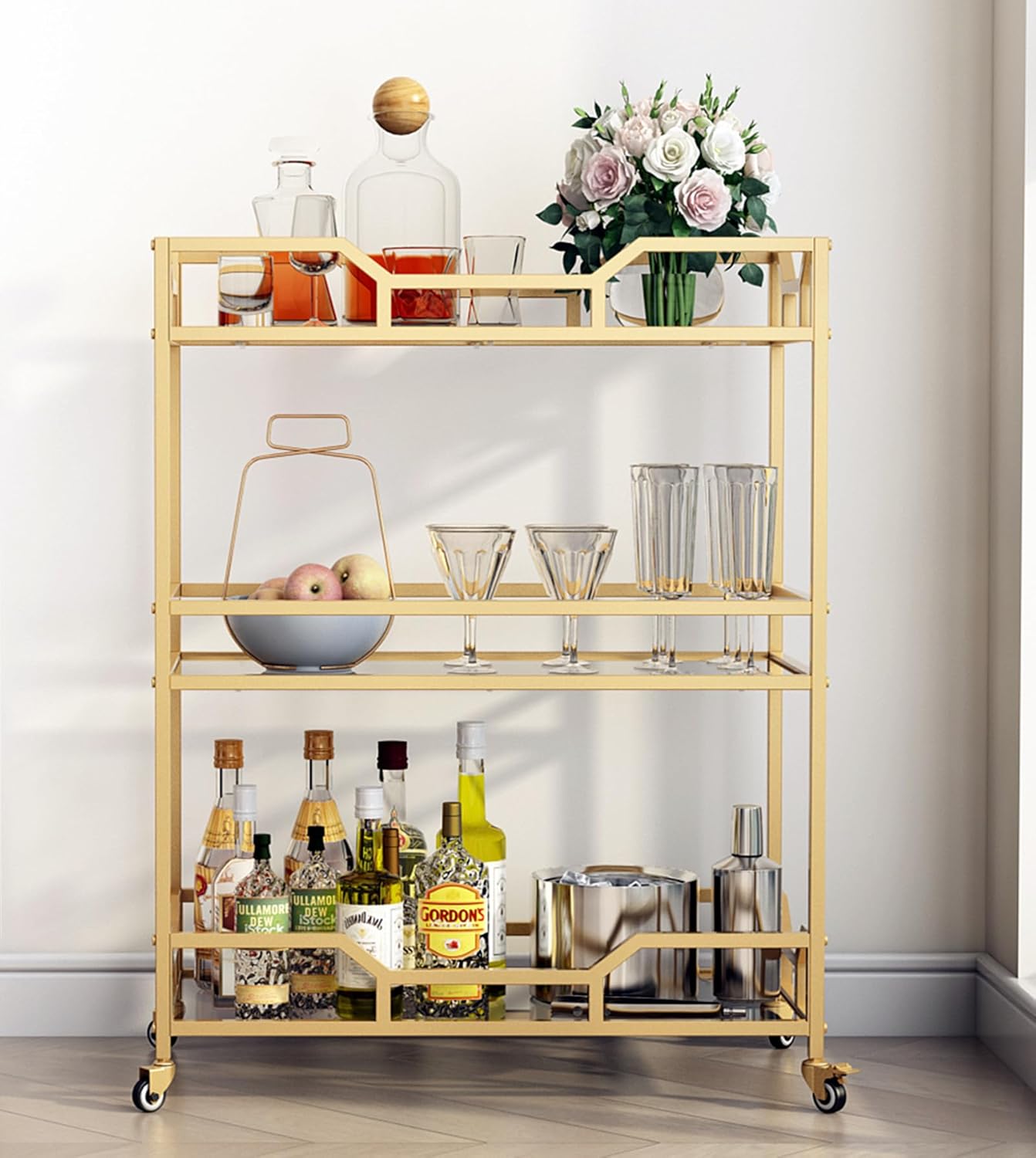 Square Gold Bar Carts with 3 Tier Storage Glass Shelves Holder Home Serving Bar Carts on Wheels for Kitchen, Bar, Dinning Room